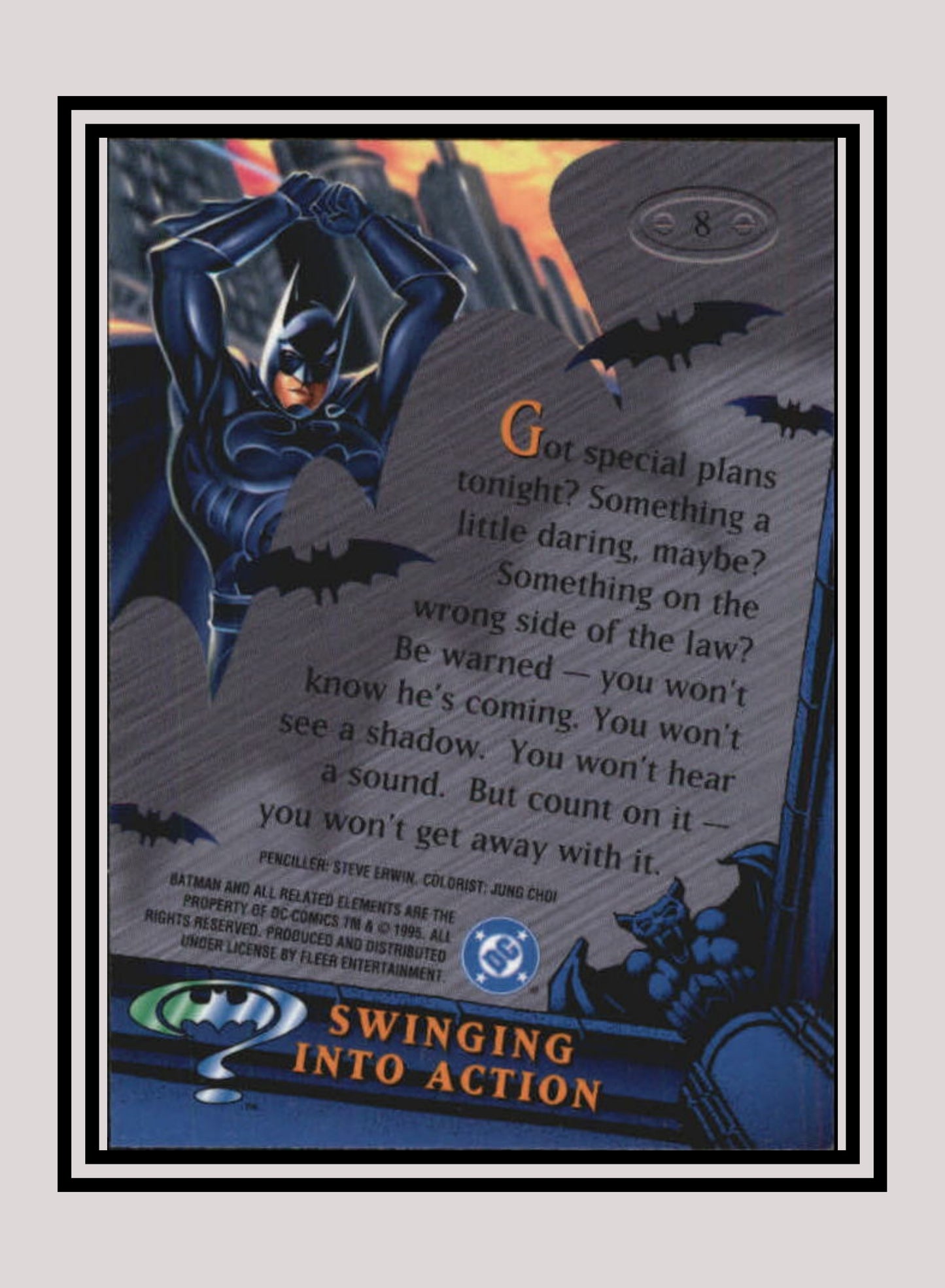 DC! 1x Swinging into Action - Base Metal (#008 - 1995 Fleer Batman Forever Metal)