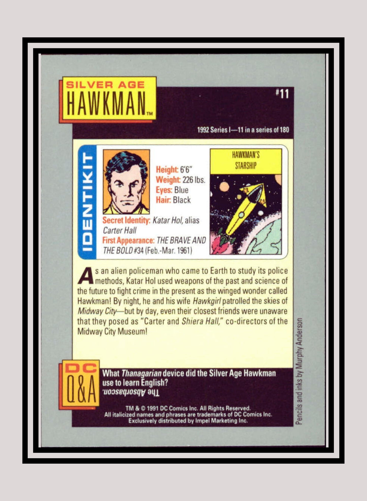 DC! 1x Silver Age Hawkman - Base (#011 - 1991 Impel DC Cosmic Cards)