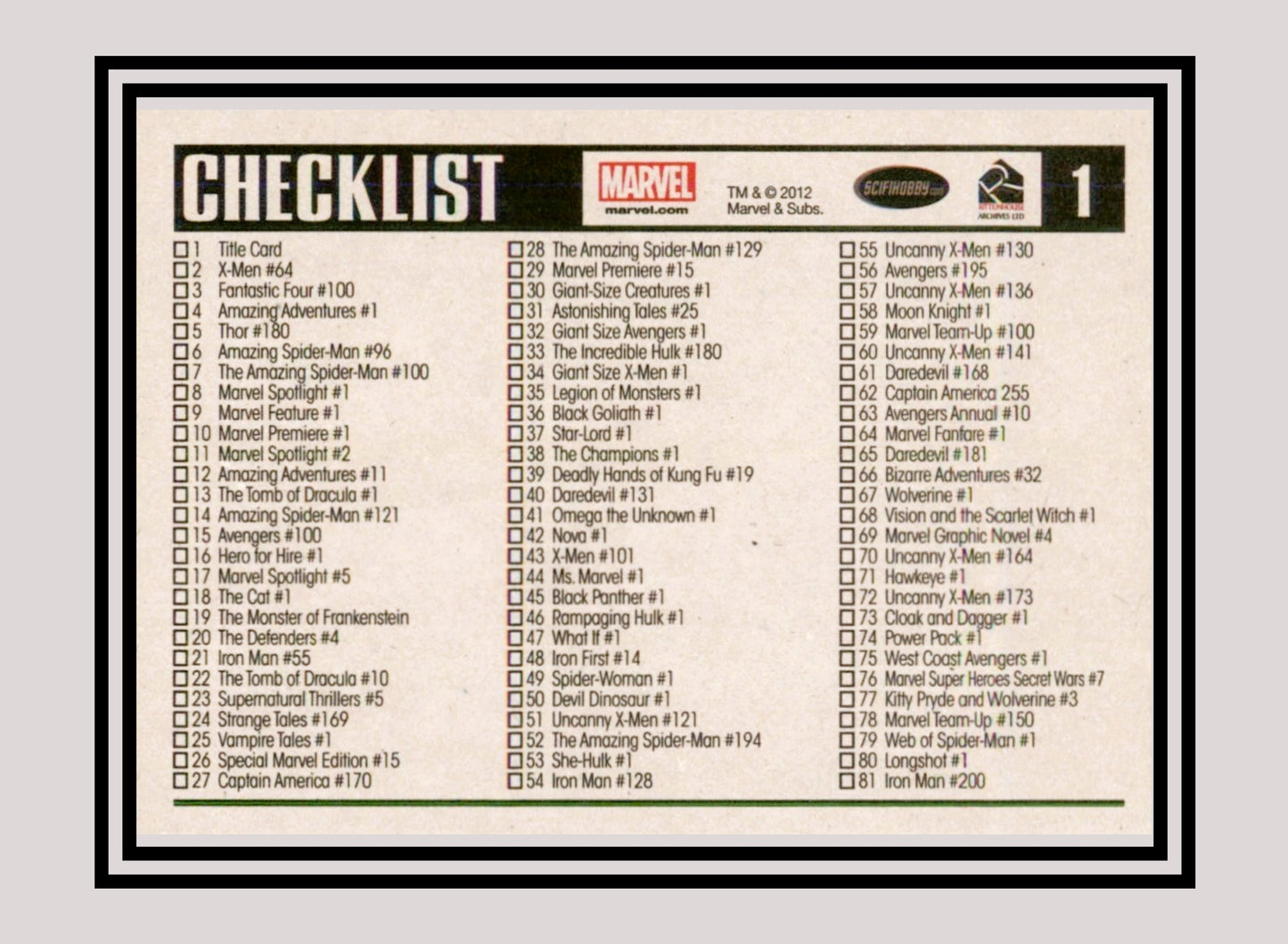 Marvel! 1x Checklist - Base (#01 - 2012 Rittenhouse Marvel Bronze Age)