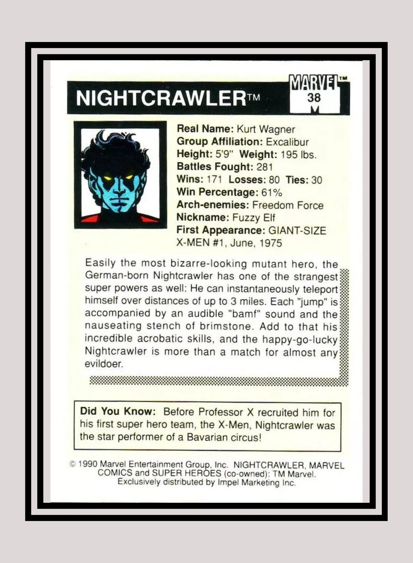 Marvel! 1x Nightcrawler - Base (#038 - 1990 Impel Marvel Universe Series I)