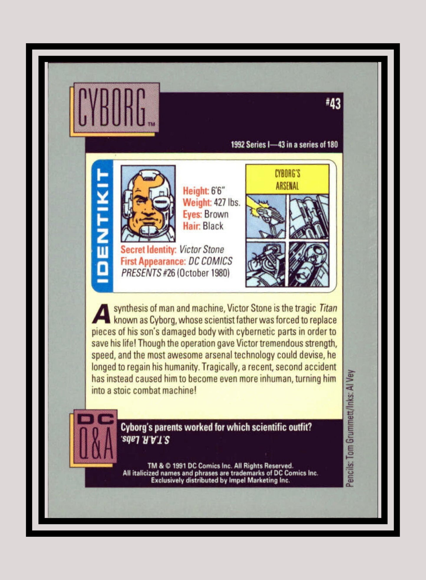 DC! 1x Cyborg - Base (#043 - 1991 Impel DC Cosmic Cards)