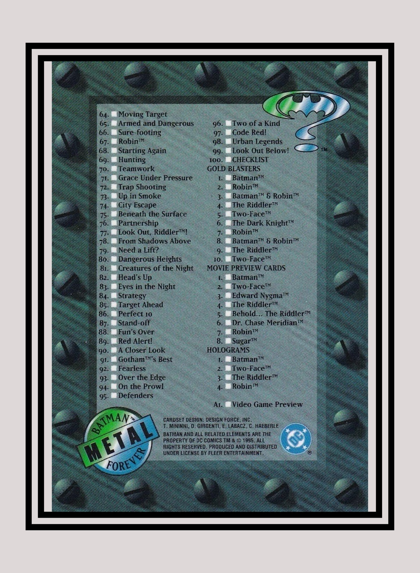 DC! 1x Checklist - Base Metal (#100 - 1995 Fleer Batman Forever Metal)
