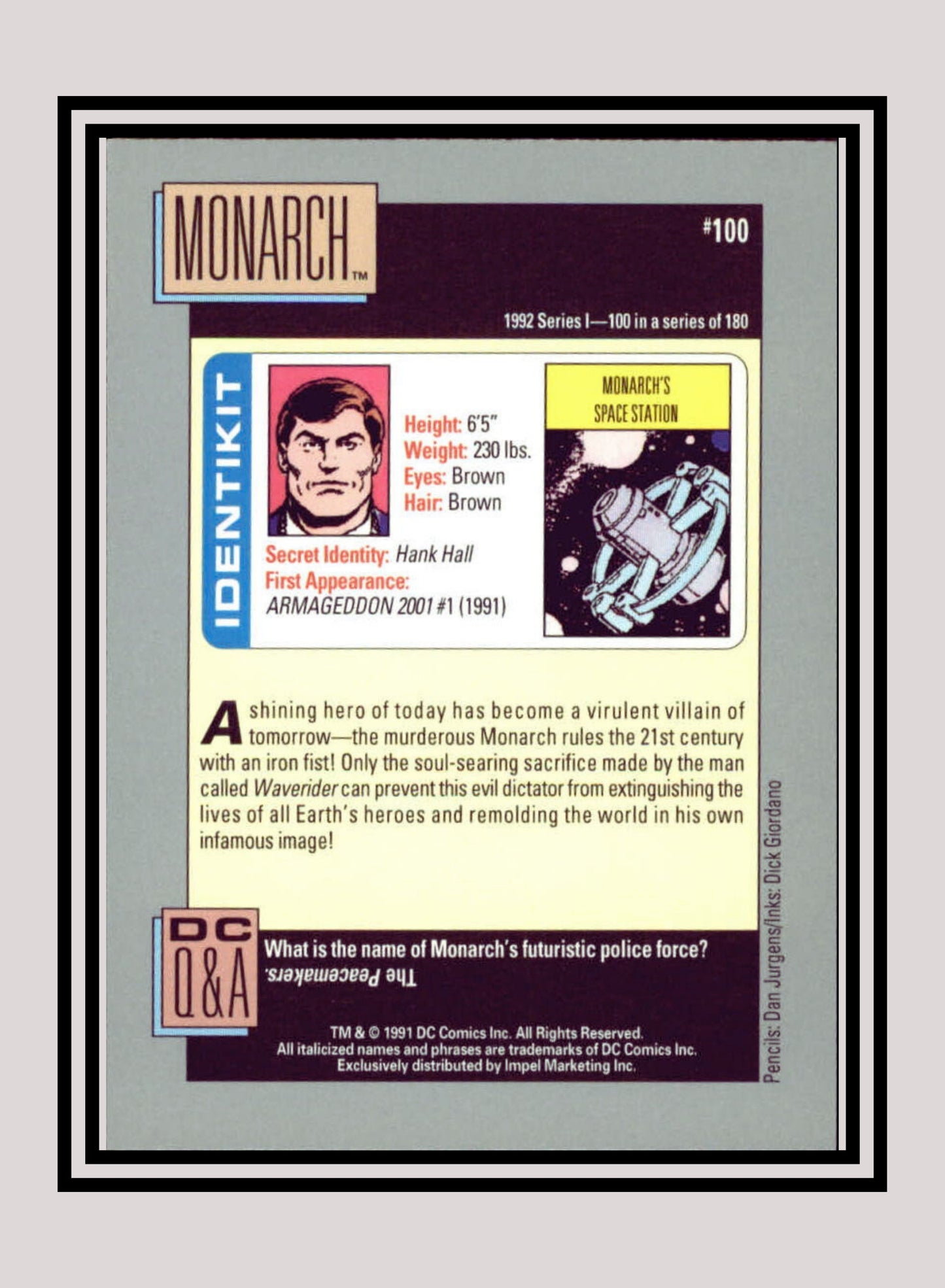 DC! 1x Monarch - Base (#100 - 1991 Impel DC Cosmic Cards)