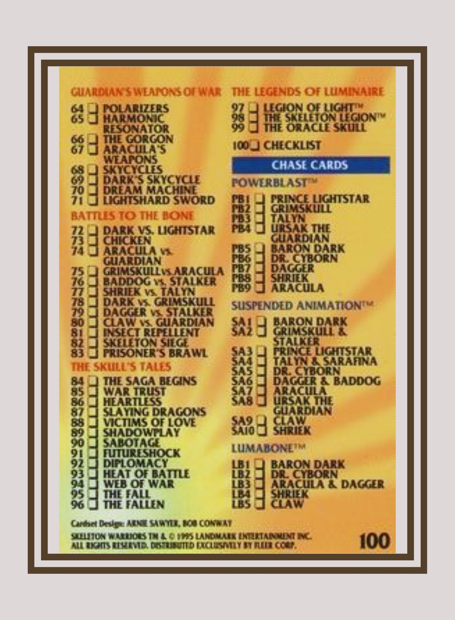 1x Fleer Ultra Skeleton Warriors Checklist - Base (#100 - 1995 Fleer Ultra Skeleton Warriors)