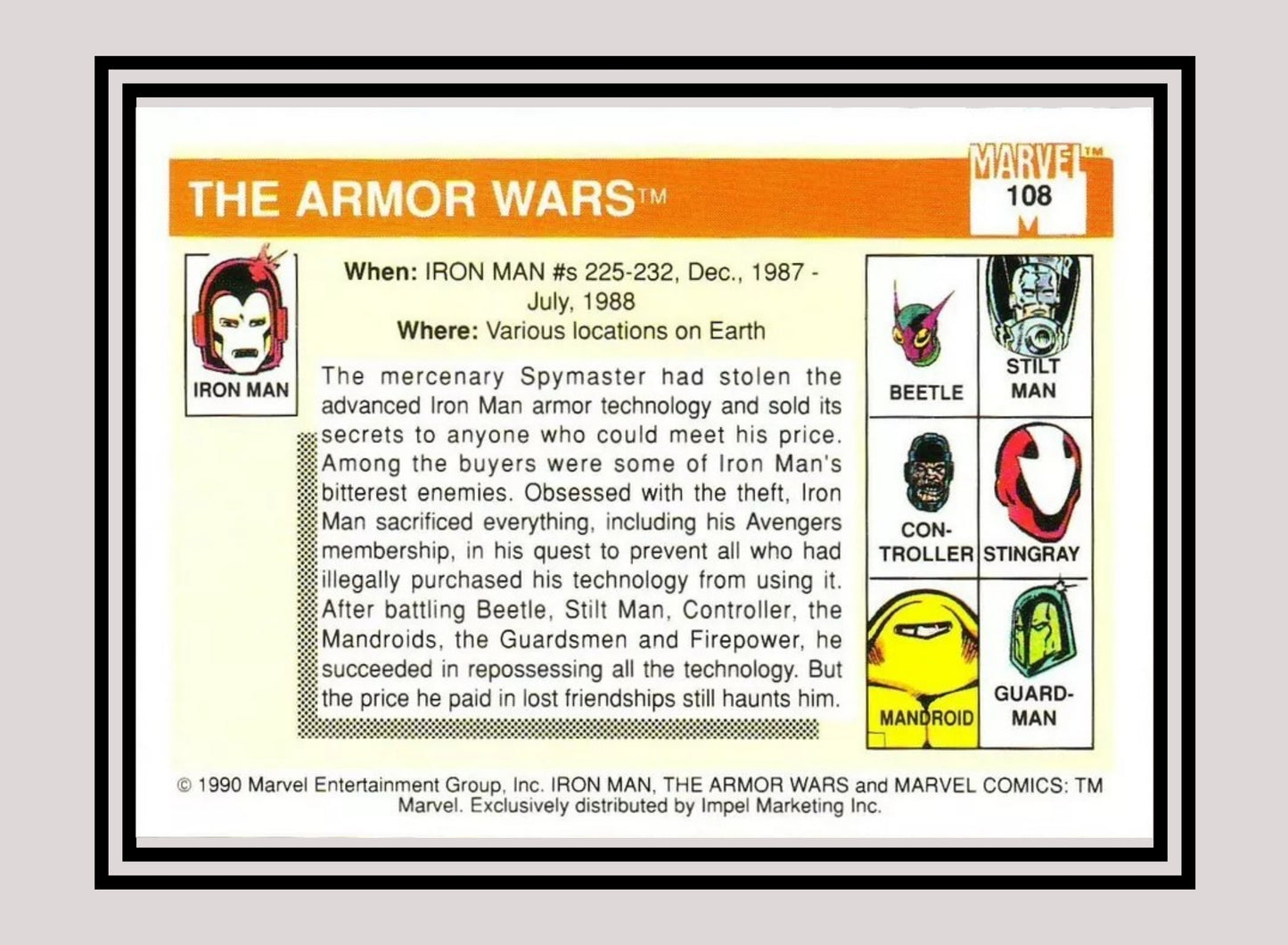 Marvel! 1x The Armor Wars - Base (#108 - 1990 Impel Marvel Universe Series I)