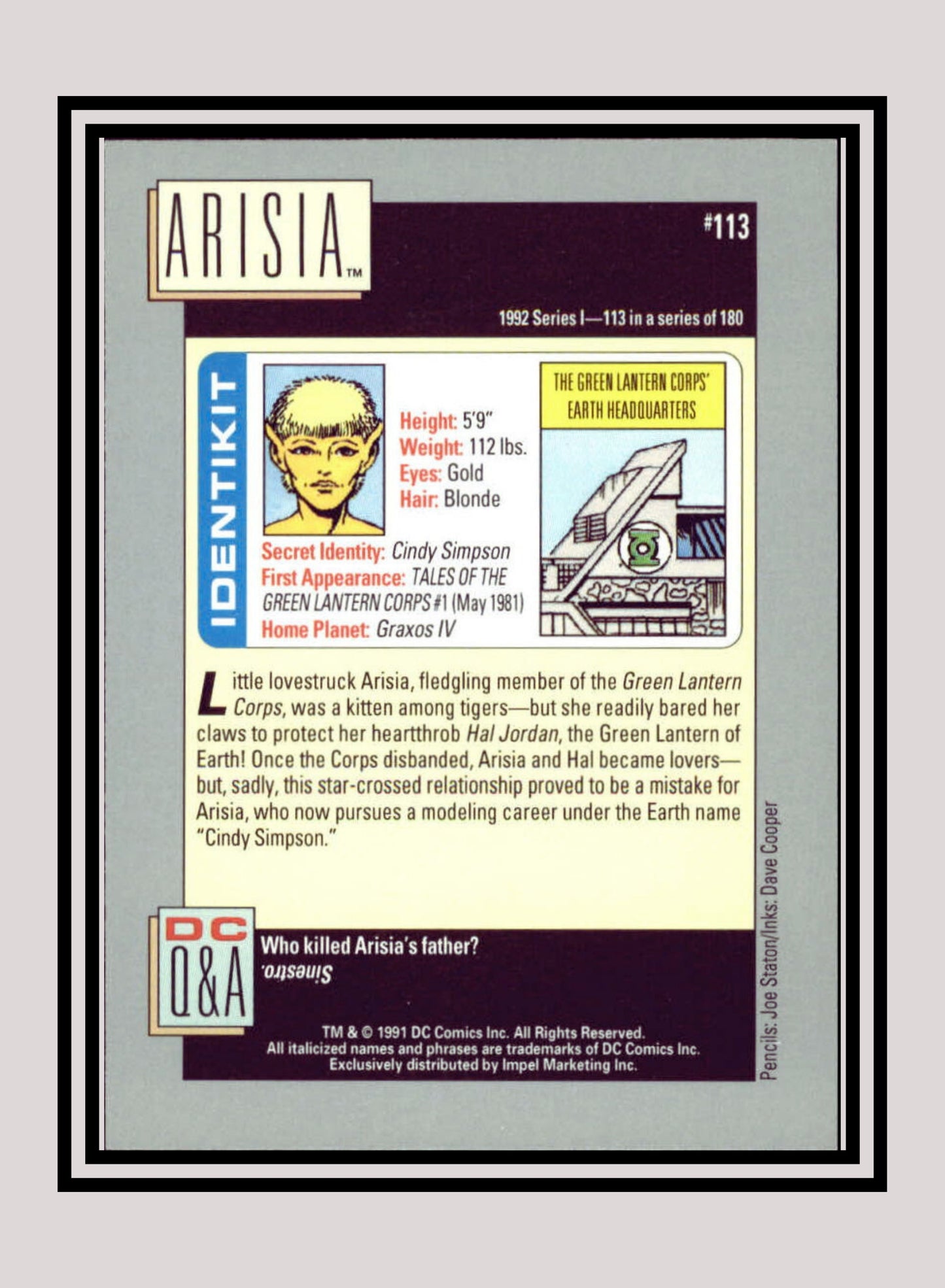 DC! 1x Arisia - Base (#113 - 1991 Impel DC Cosmic Cards)