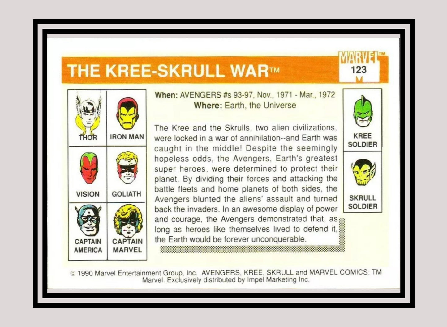 Marvel! 1x The Kree-Skrull War - Base (#123 - 1990 Impel Marvel Universe Series I)