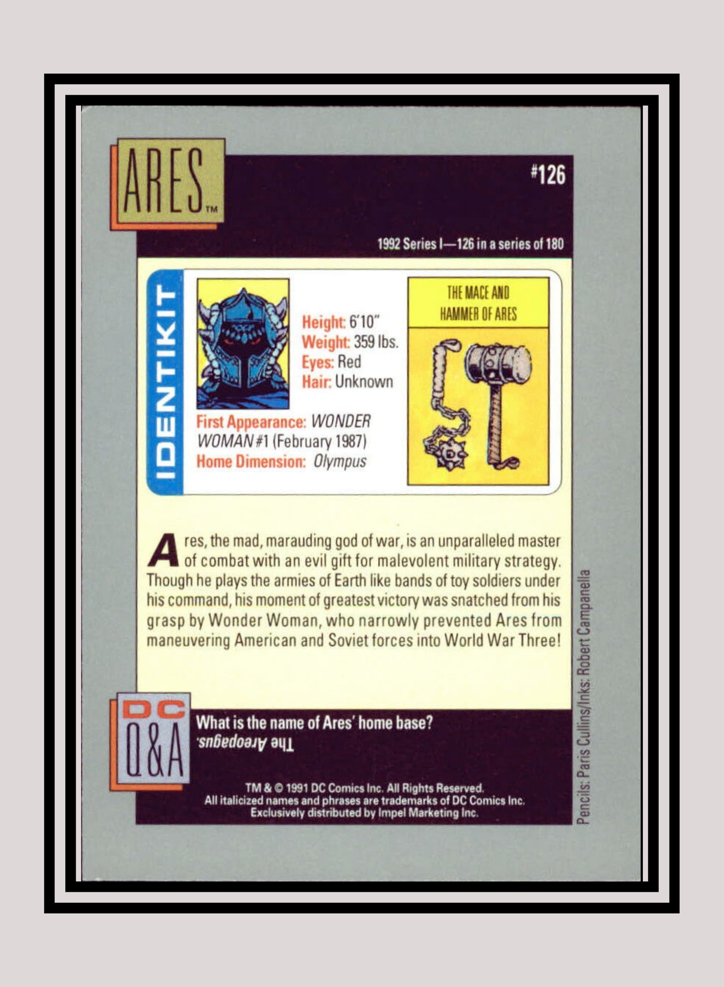 DC! 1x Ares - Base (#126 - 1991 Impel DC Cosmic Cards)