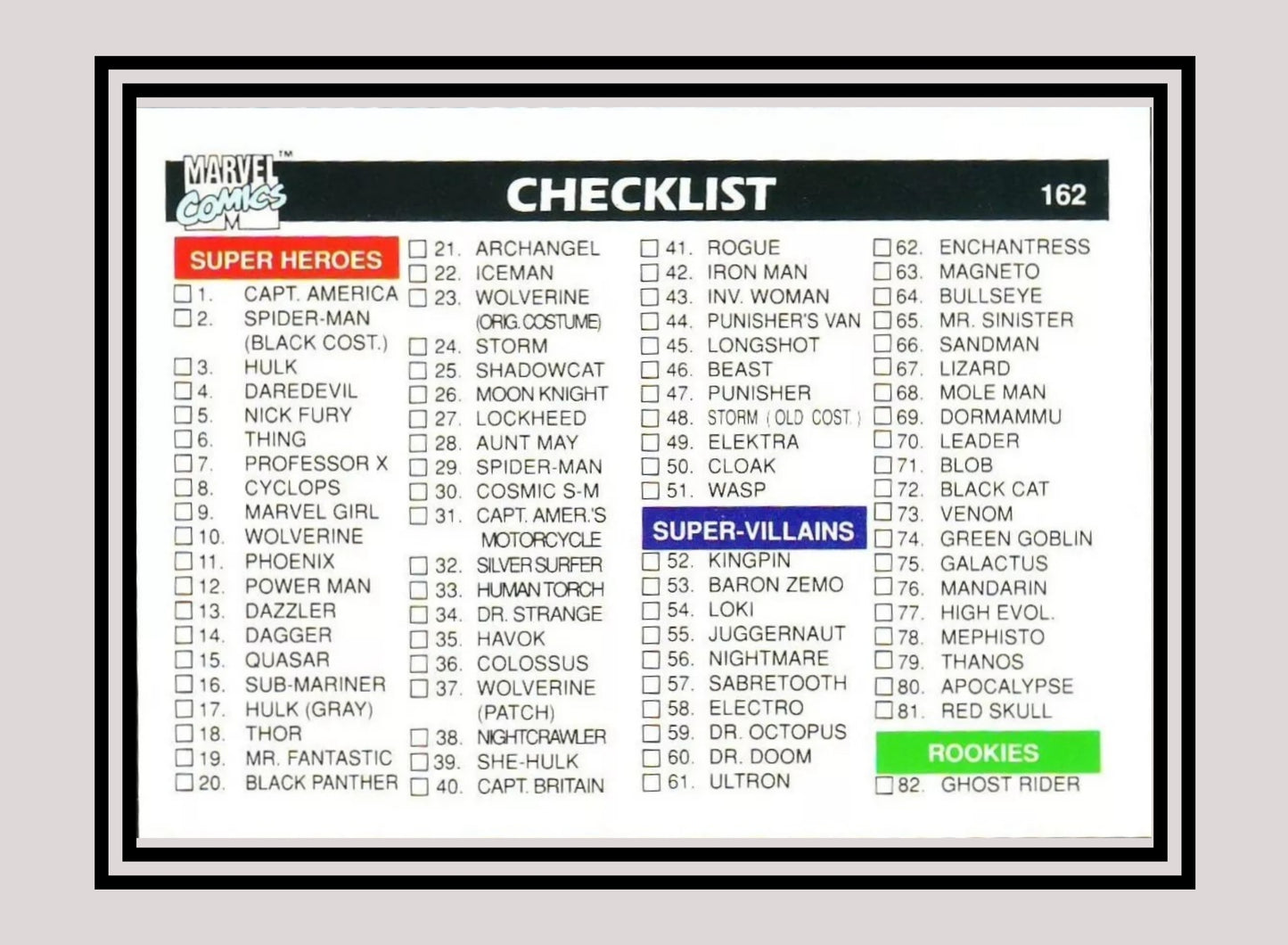 Marvel! 1x Checklist - Base (#162 - 1990 Impel Marvel Universe Series I)