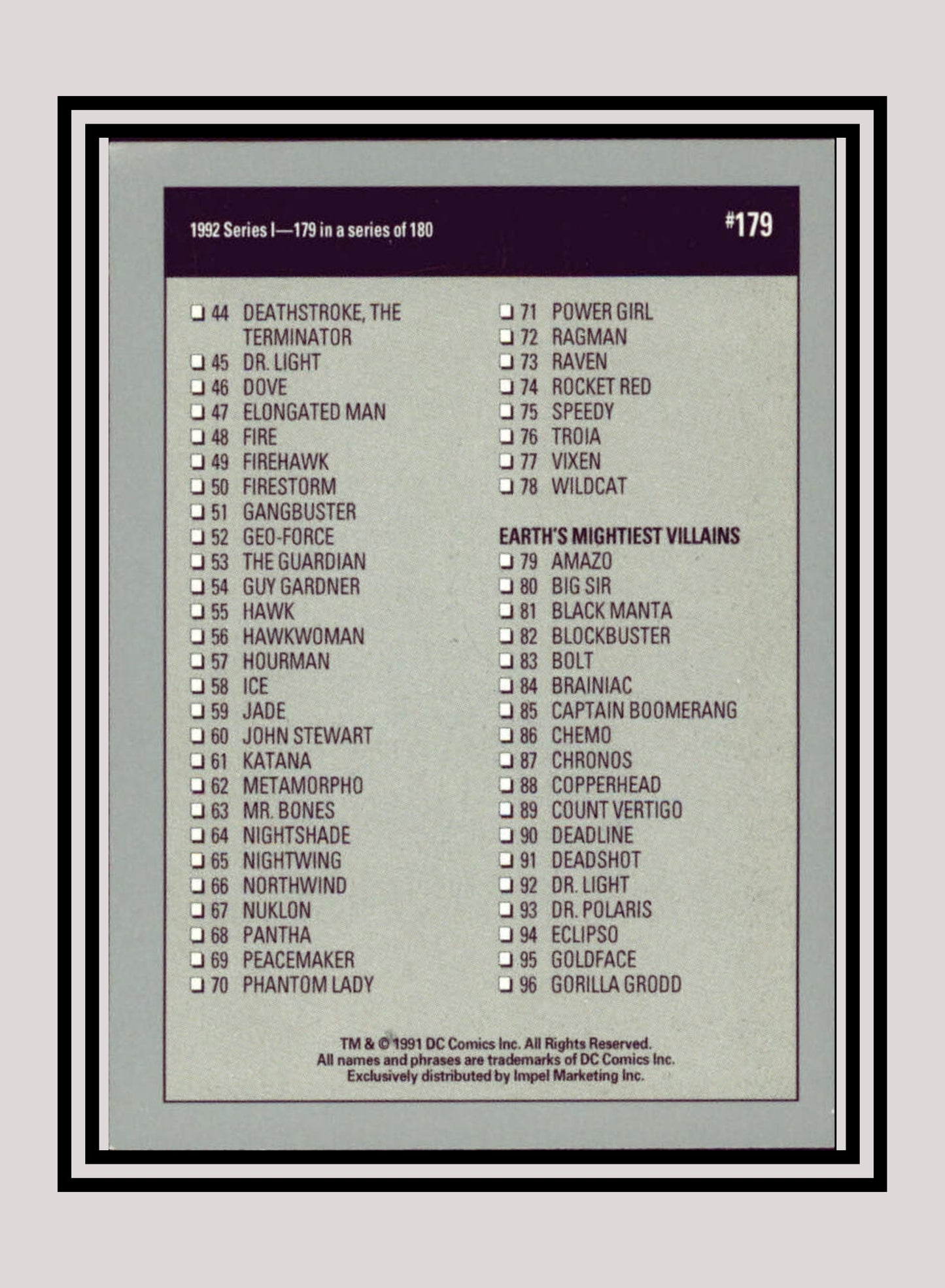 DC! 1x Checklist A (1-96) - Base (#179 - 1991 Impel DC Cosmic Cards)
