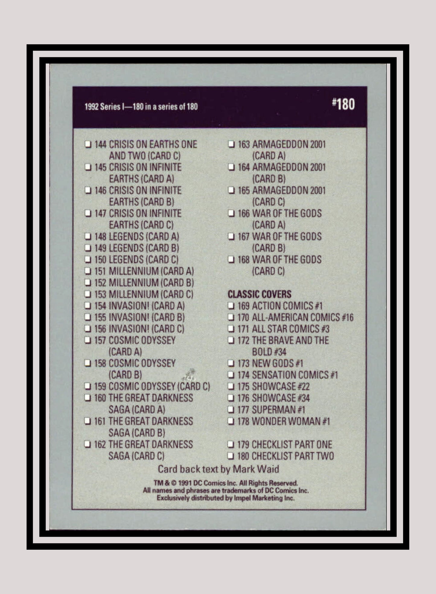 DC! 1x Checklist B (97-180) - Base (#180 - 1991 Impel DC Cosmic Cards)