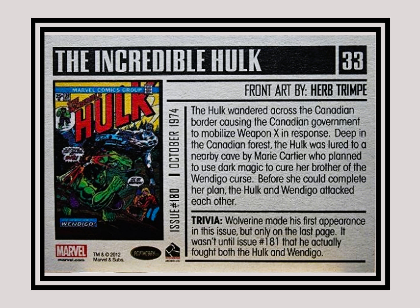 Marvel! 1x The Incredible Hulk #180 - Base (#33 - 2012 Rittenhouse Marvel Bronze Age)
