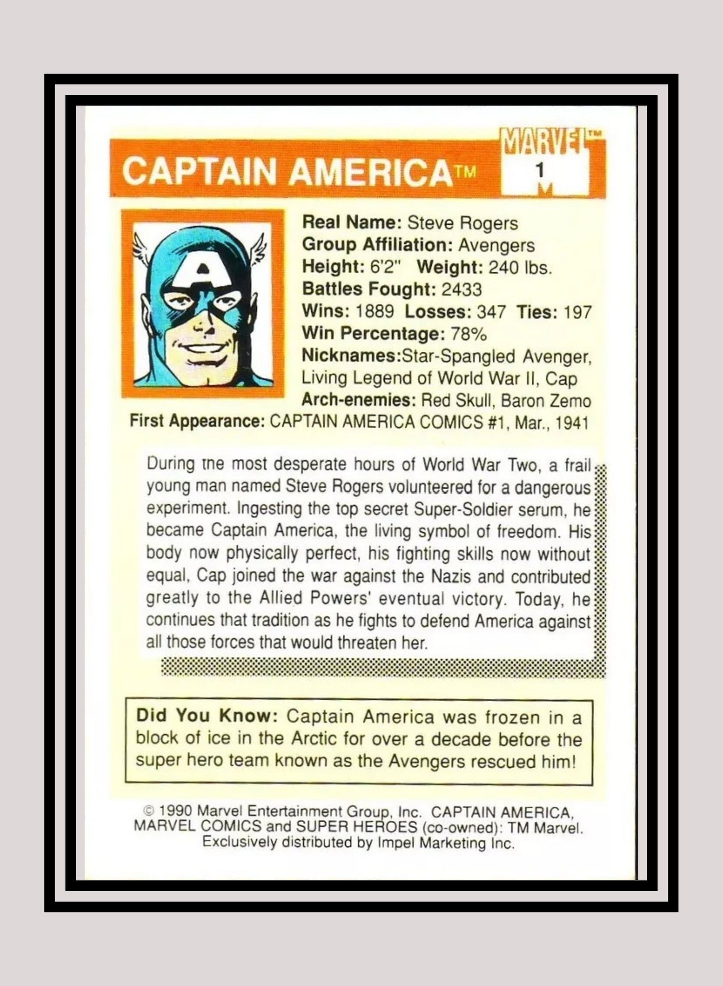 Marvel! 1x Captain America - Base (#001 - 1990 Impel Marvel Universe Series I)