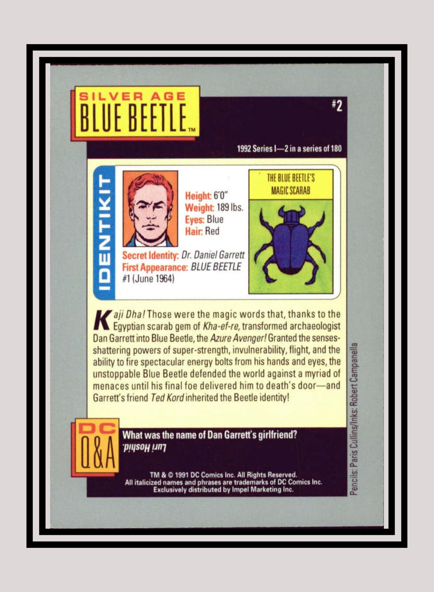 DC! 1x Silver Age Blue Beetle - Base (#002 - 1991 Impel DC Cosmic Cards)