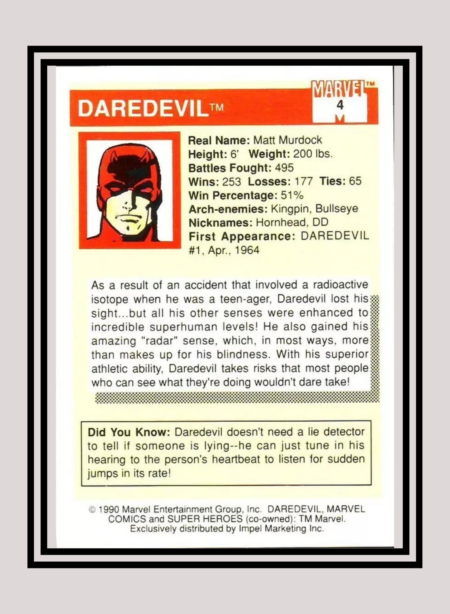 Marvel! 1x Daredevil - Base (#004 - 1990 Impel Marvel Universe Series I)