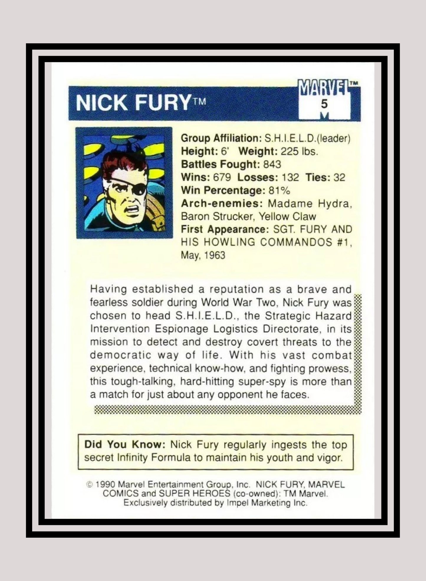 Marvel! 1x Nick Fury - Base (#005 - 1990 Impel Marvel Universe Series I)