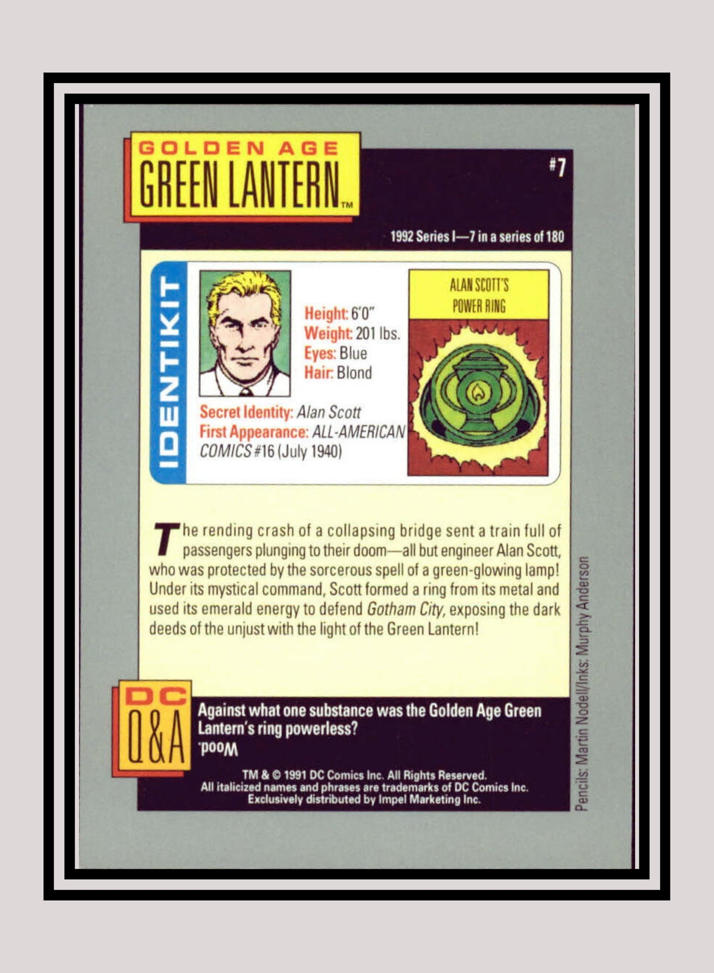 DC! 1x Golden Age Green Lantern - Base (#007 - 1991 Impel DC Cosmic Cards)