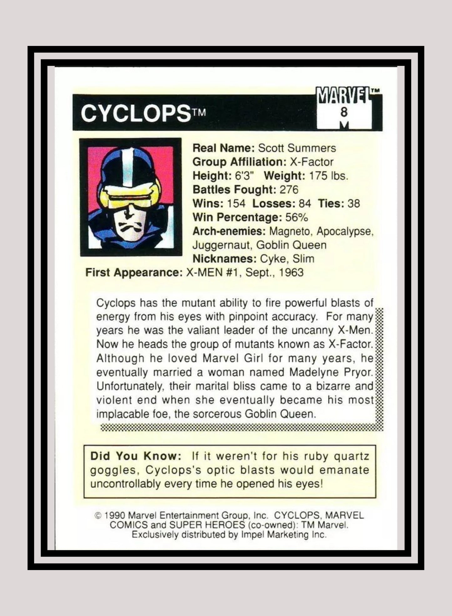 Marvel! 1x Cyclops - Base (#008 - 1990 Impel Marvel Universe Series I)