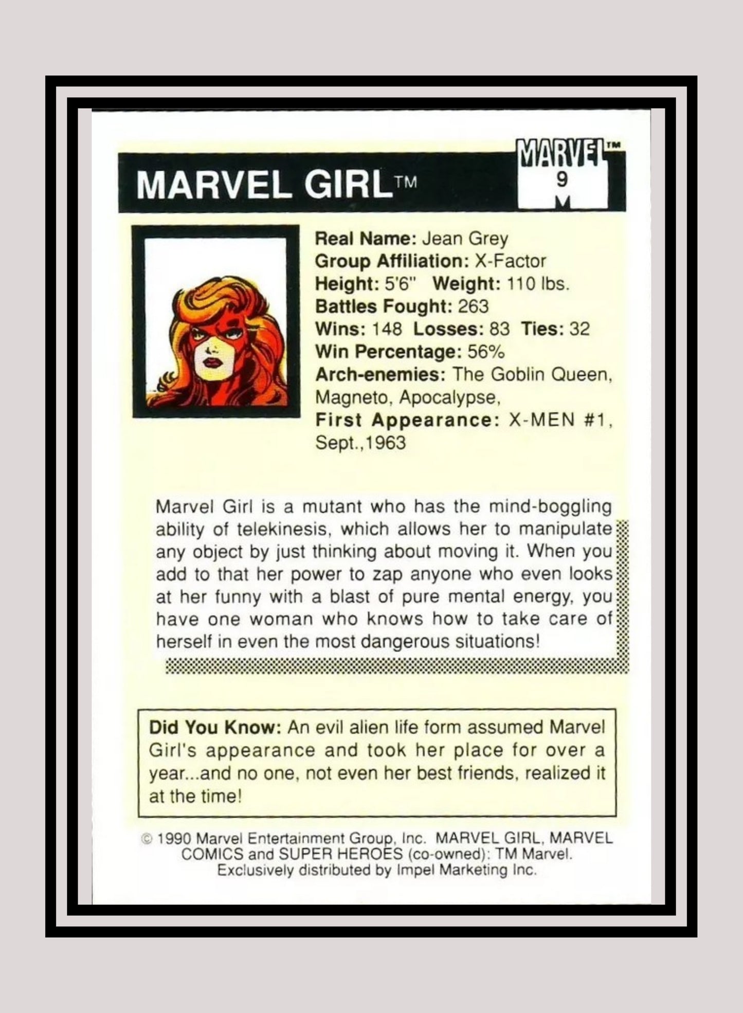 Marvel! 1x Marvel Girl - Base (#009 - 1990 Impel Marvel Universe Series I)