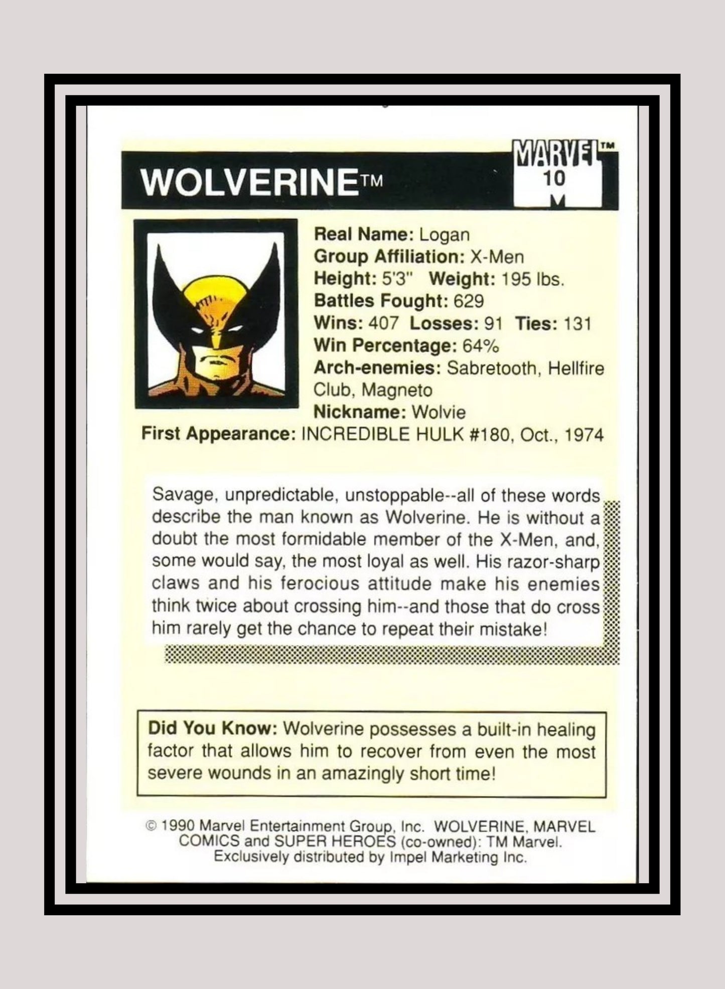 Marvel! 1x Wolverine - Base (#010 - 1990 Impel Marvel Universe Series I)