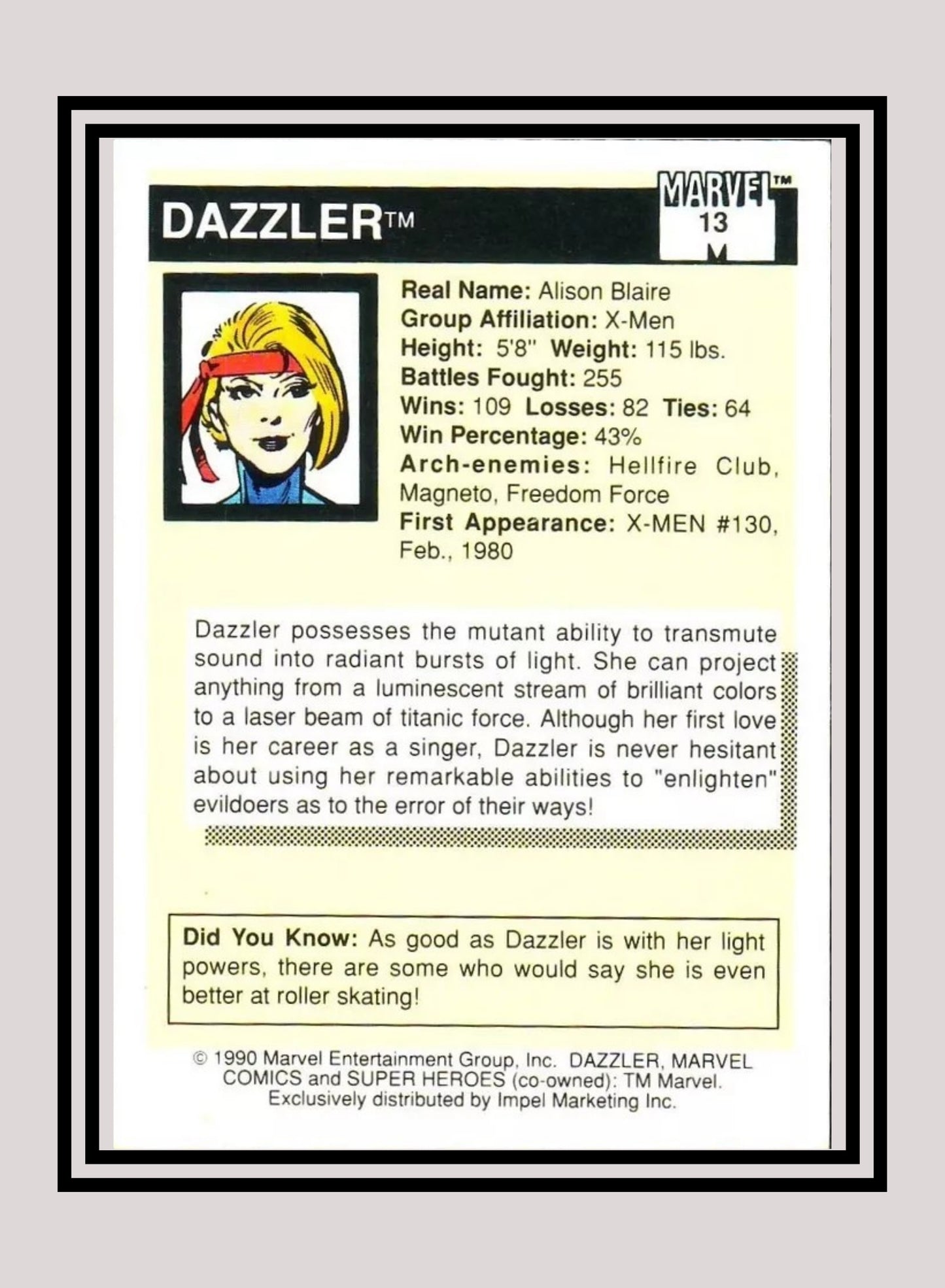 Marvel! 1x Dazzler - Base (#013 - 1990 Impel Marvel Universe Series I)