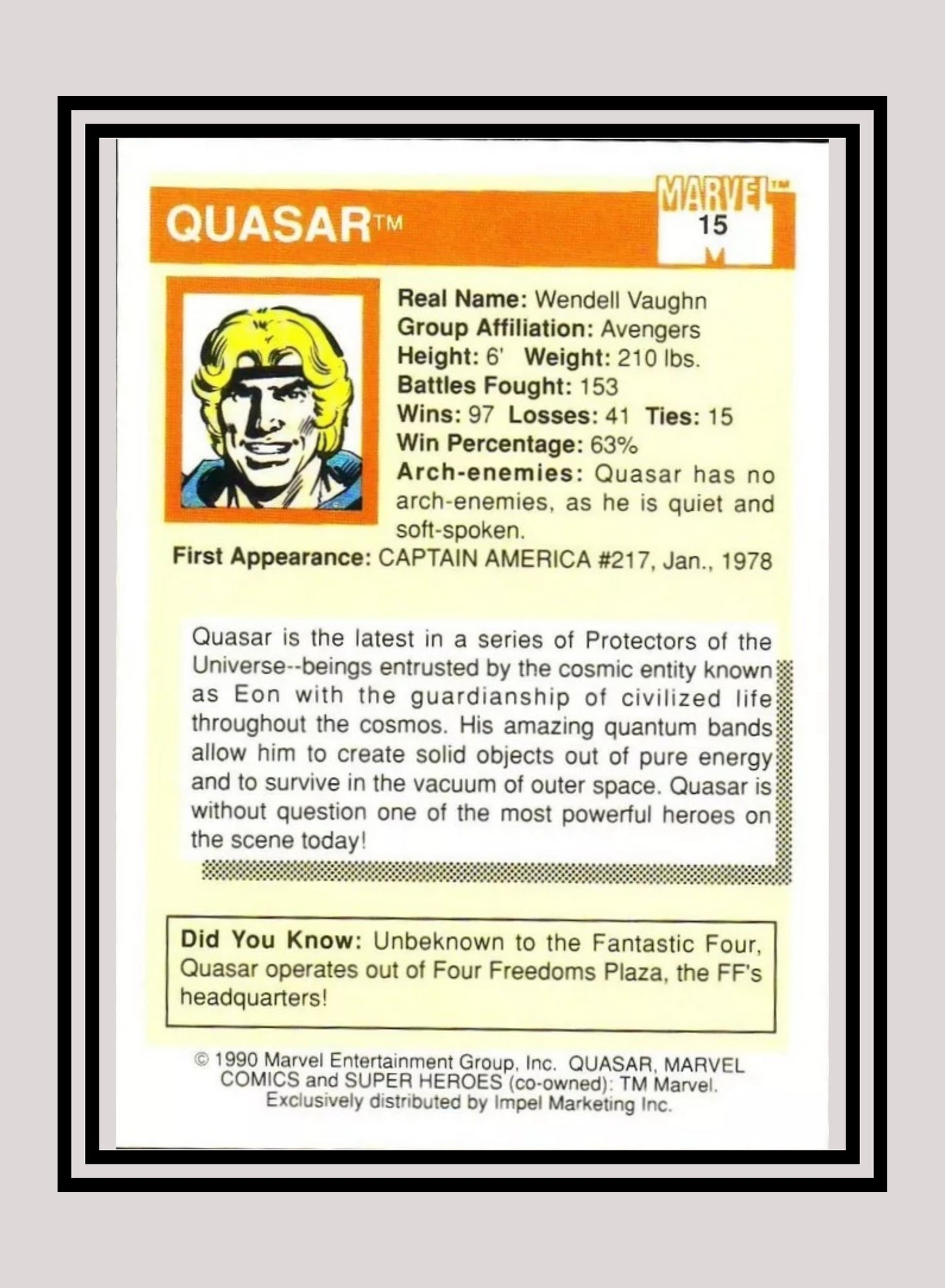 Marvel! 1x Quasar - Base (#015 - 1990 Impel Marvel Universe Series I)