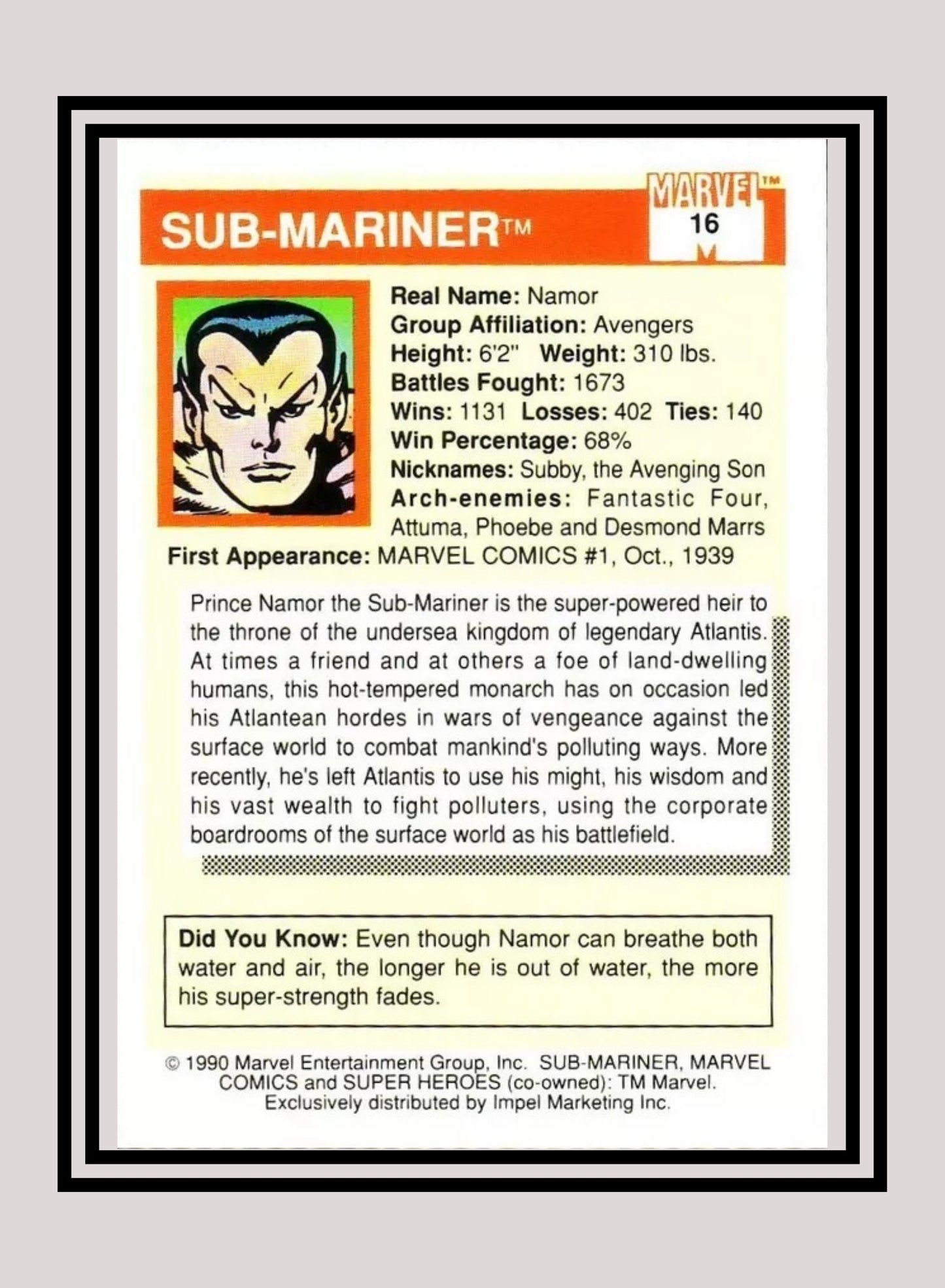 Marvel! 1x Sub-Mariner - Base (#016 - 1990 Impel Marvel Universe Series I)