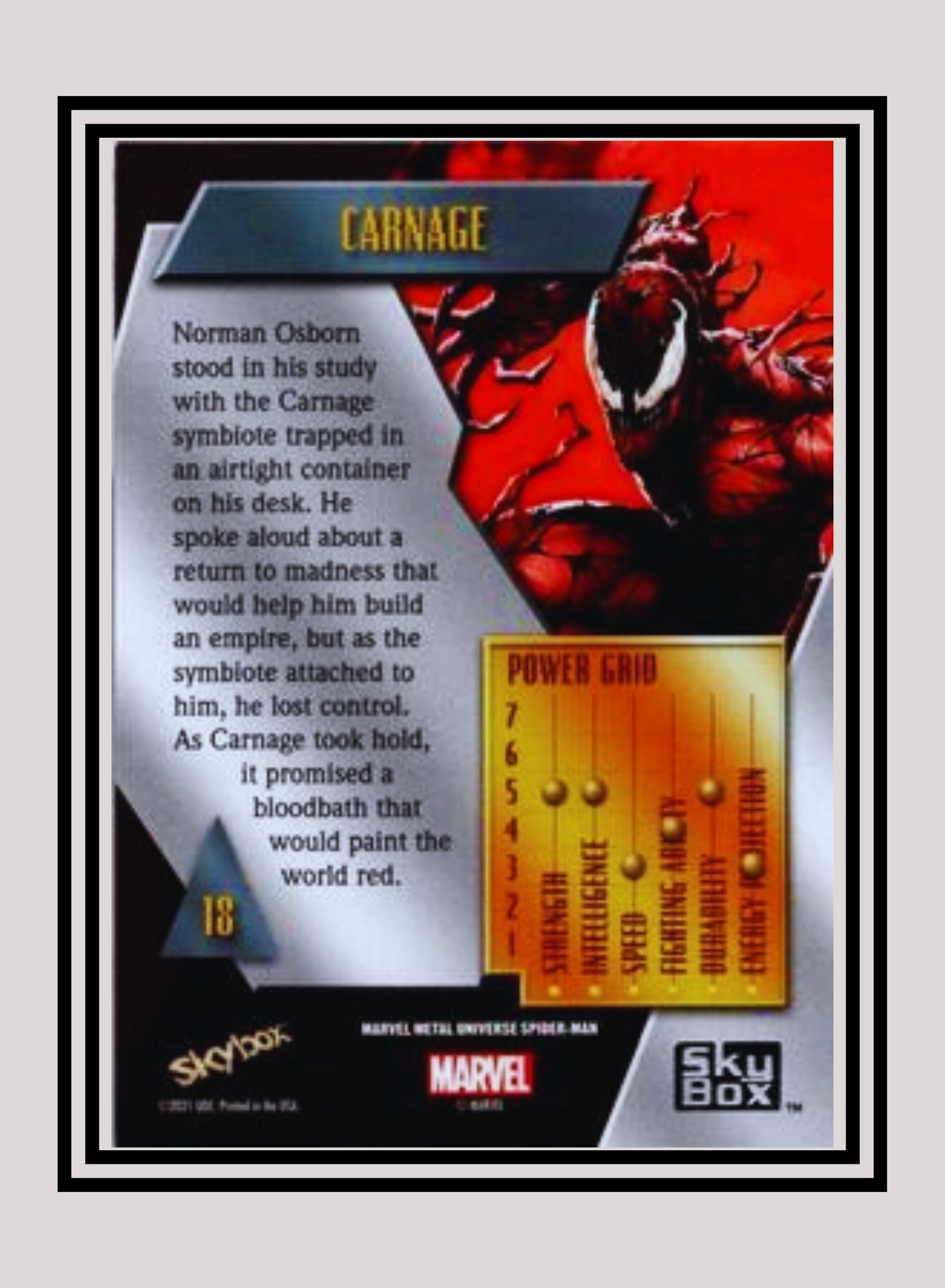 Marvel! 1x Carnage - Base Low Series (#018 - 2021 Upper Deck Spiderman Metal Universe)