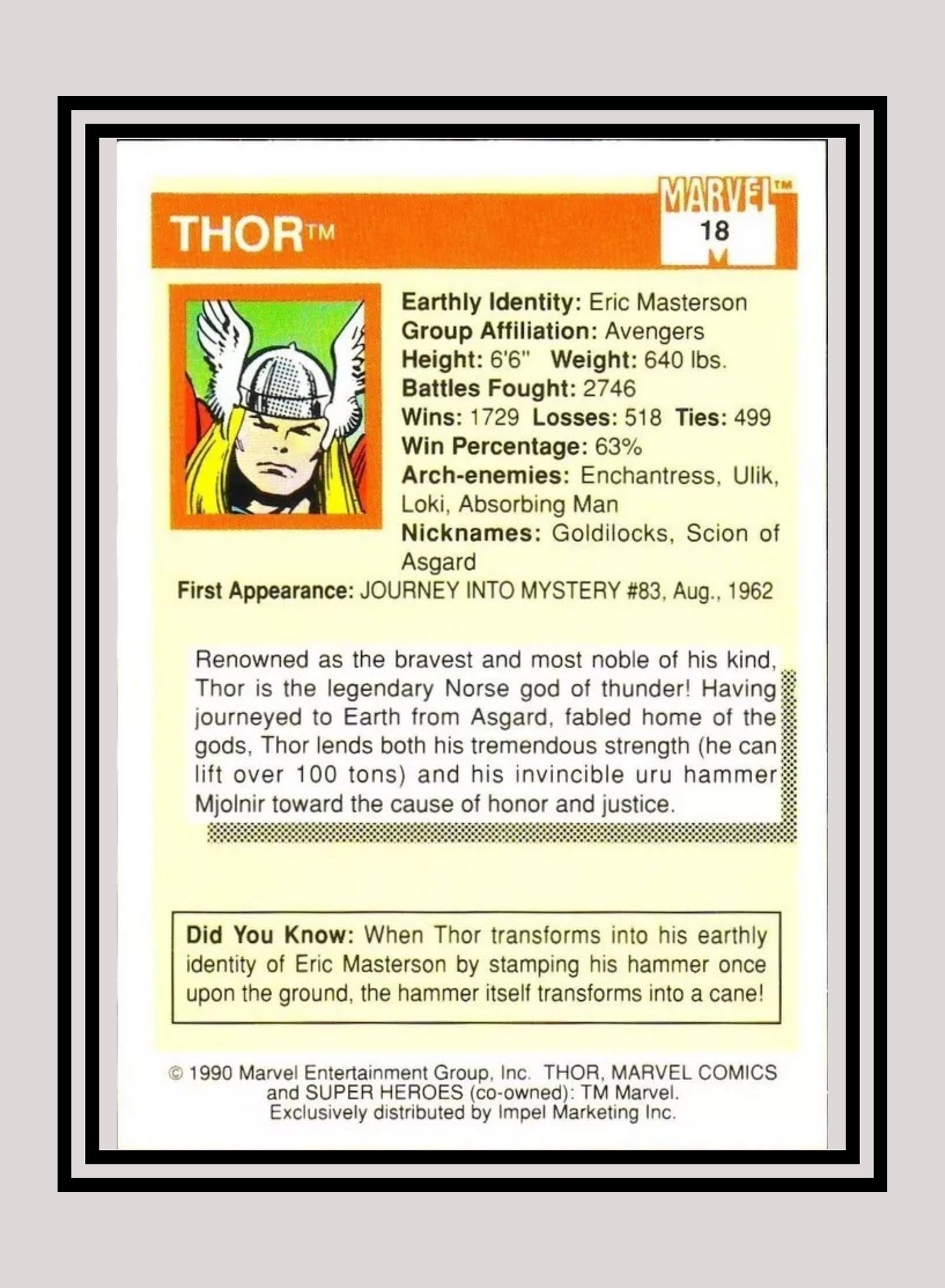 Marvel! 1x Thor - Base (#018 - 1990 Impel Marvel Universe Series I)