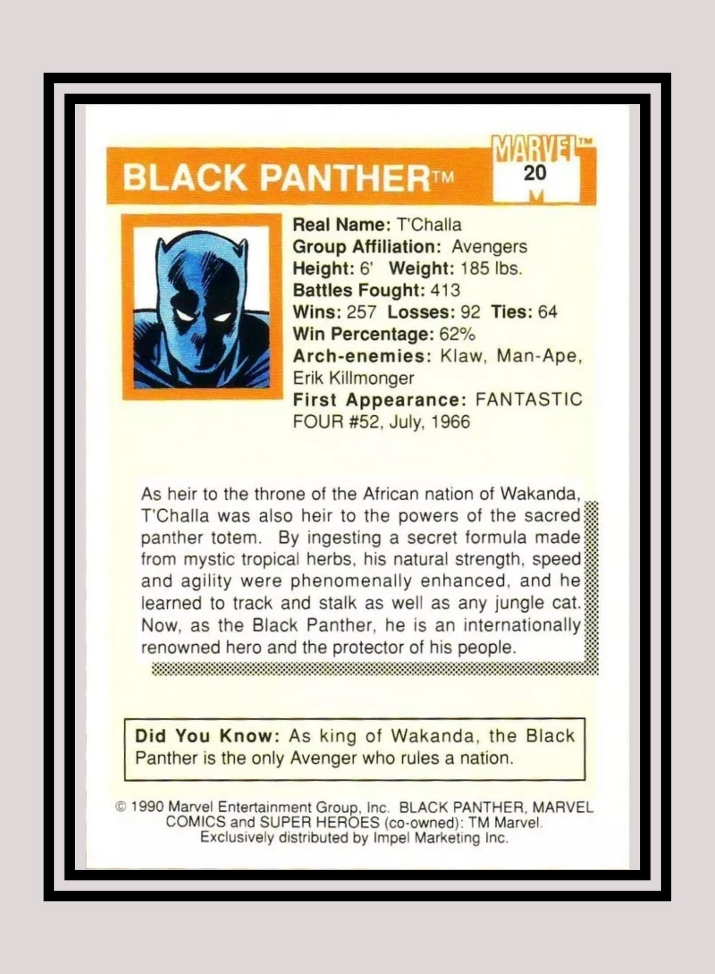 Marvel! 1x Black Panther - Base (#020 - 1990 Impel Marvel Universe Series I)