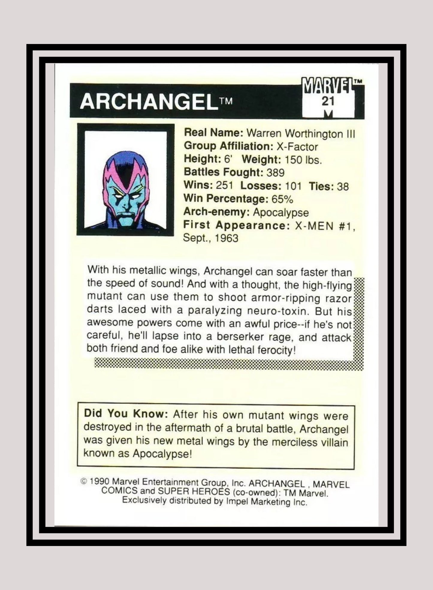 Marvel! 1x Archangel - Base (#021 - 1990 Impel Marvel Universe Series I)