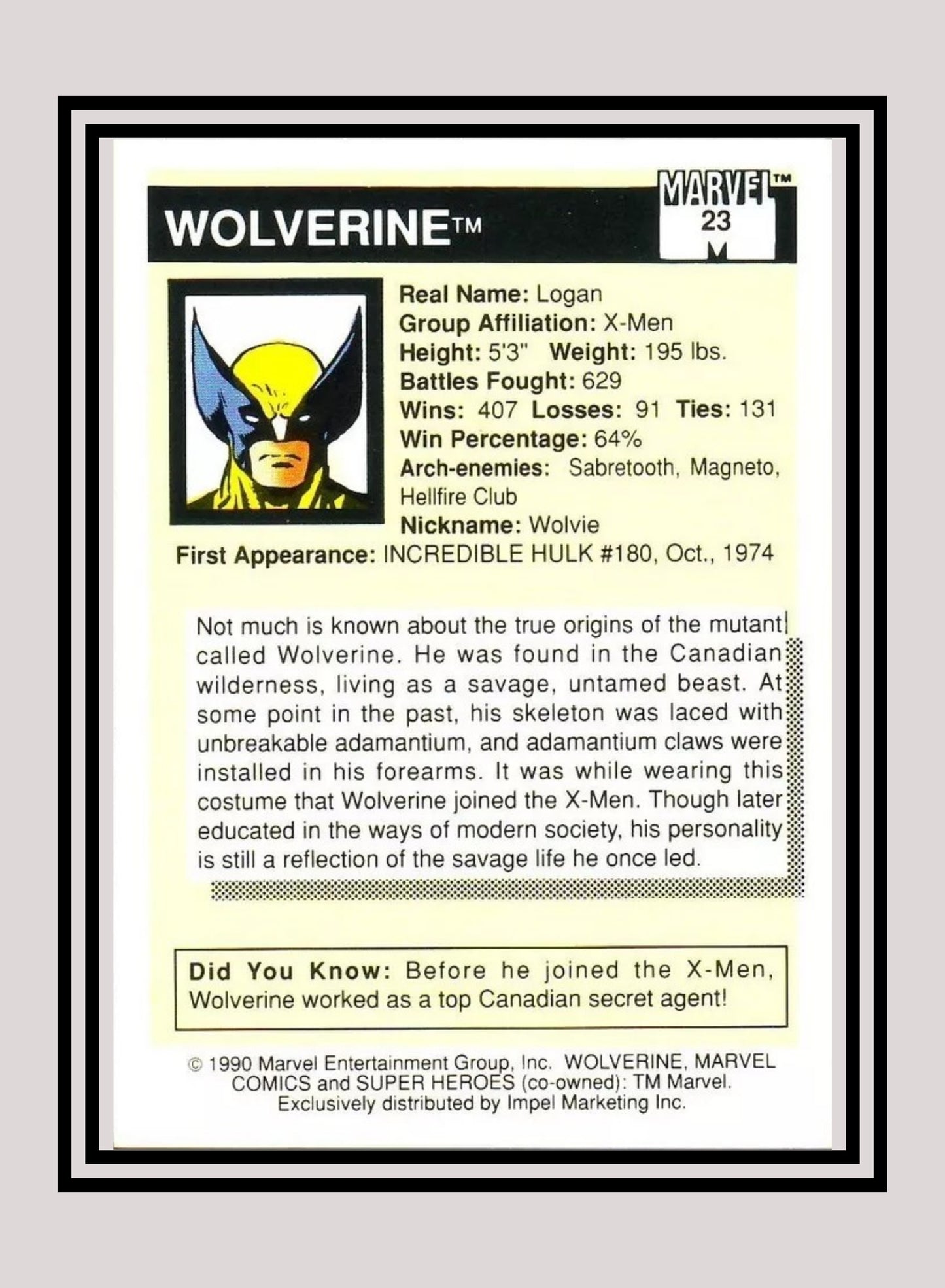 Marvel! 1x Wolverine - Base (#023 - 1990 Impel Marvel Universe Series I)