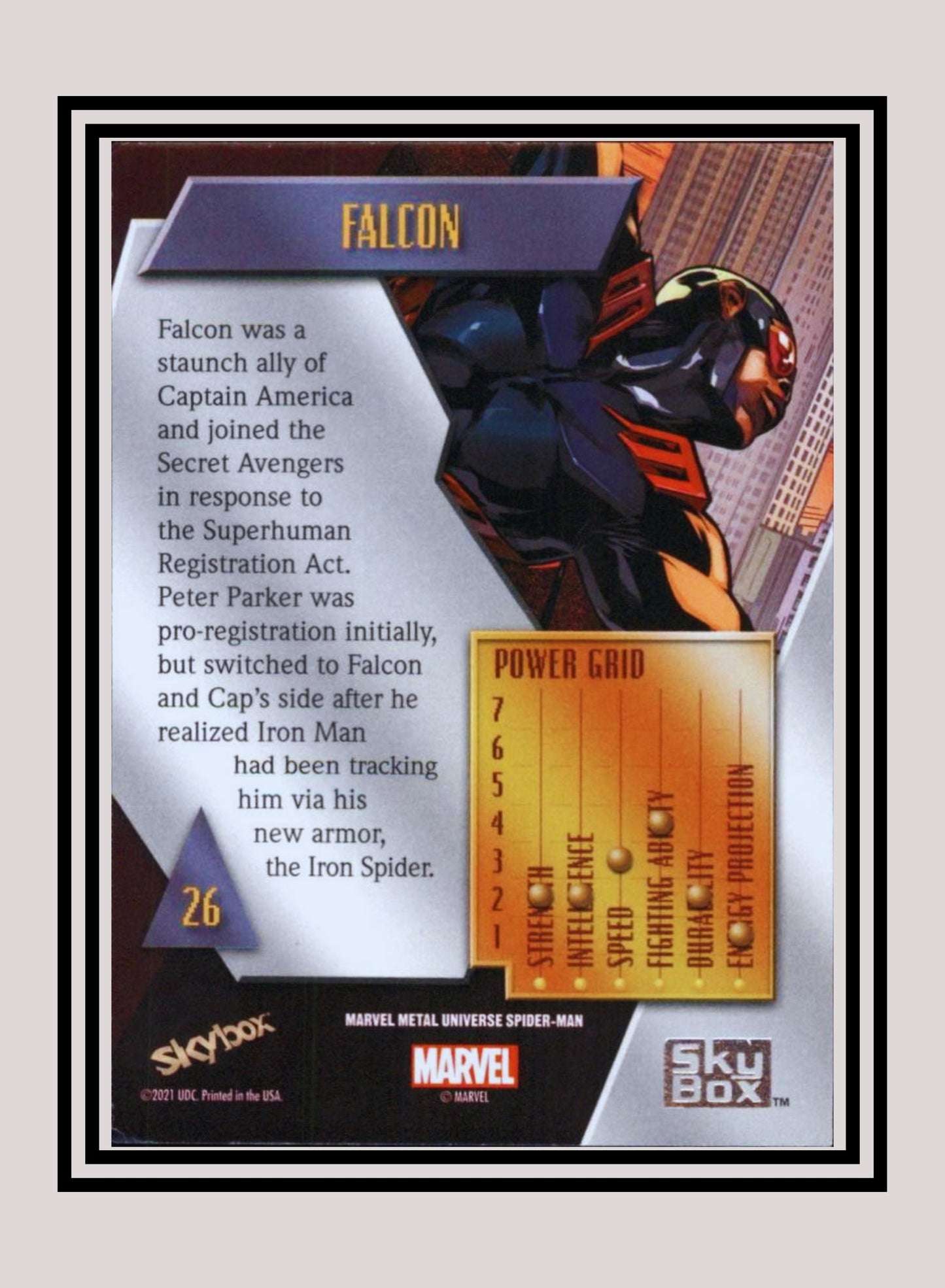 Marvel! 1x Falcon - Base Low Series (#026 - 2021 Upper Deck Spiderman Metal Universe)