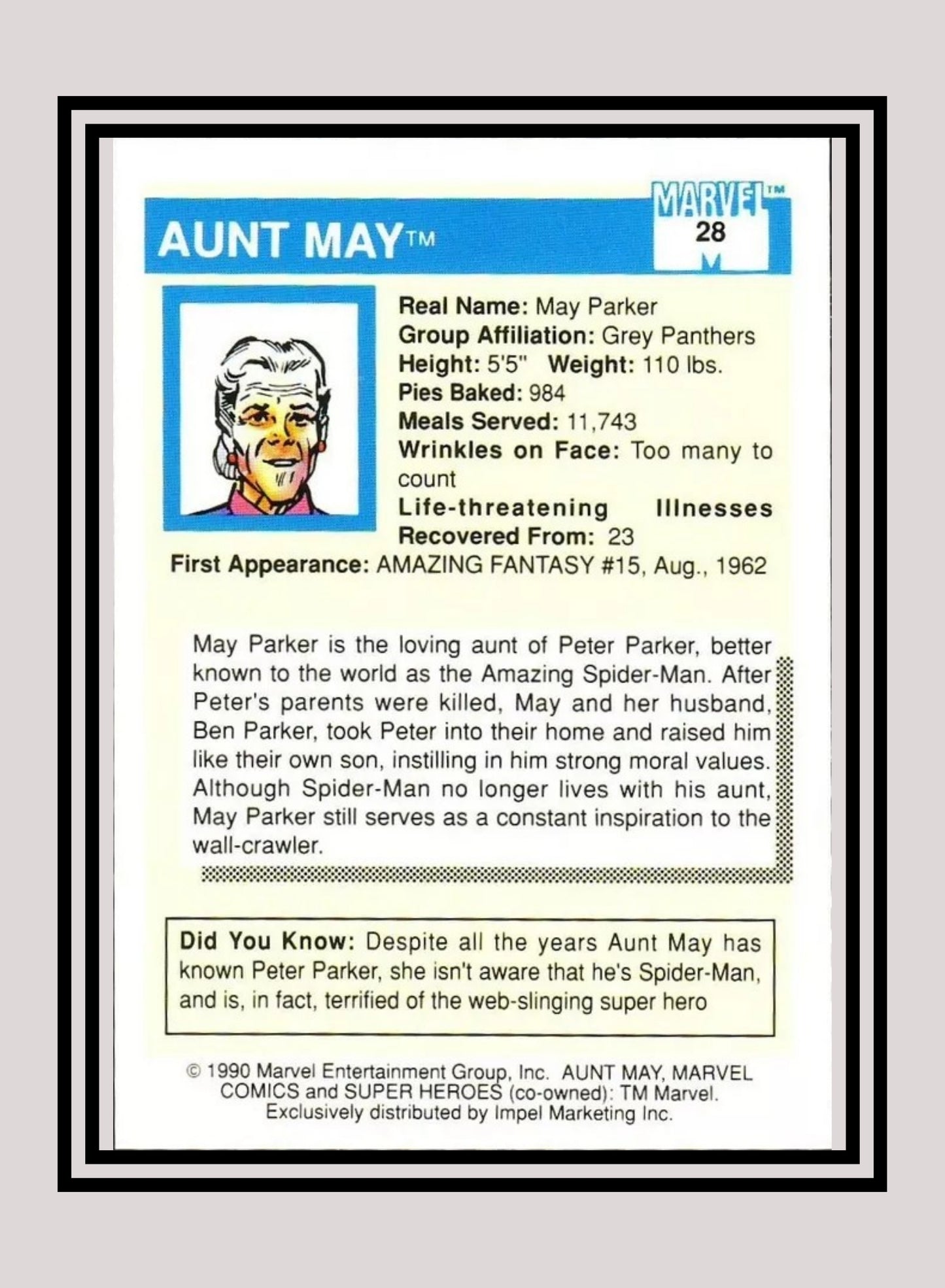 Marvel! 1x Aunt May - Base (#028 - 1990 Impel Marvel Universe Series I)