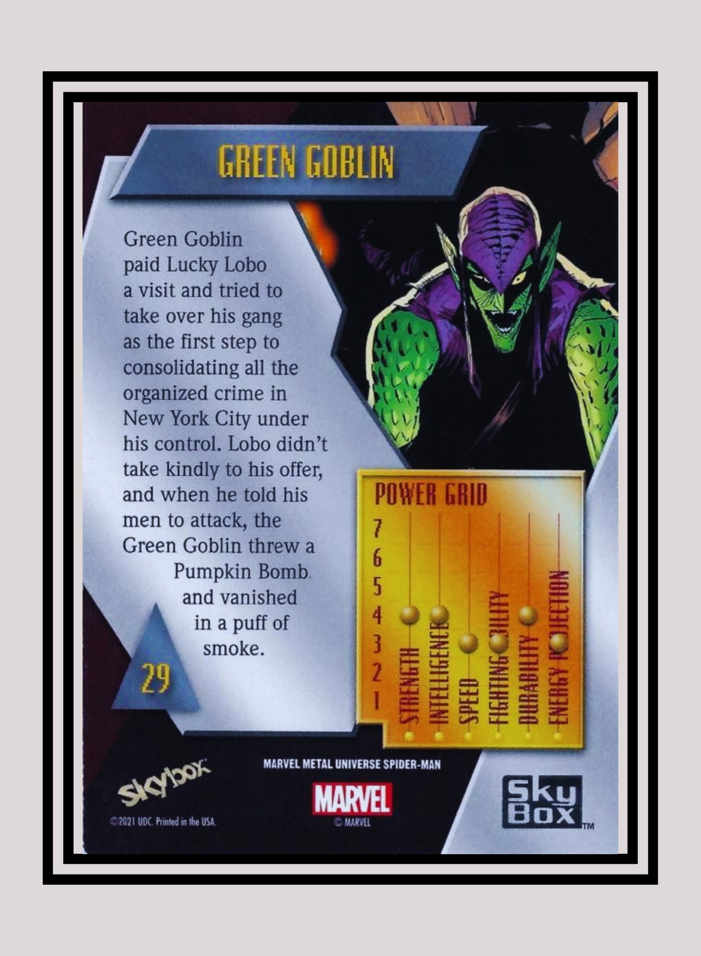 Marvel! 1x Green Goblin - Base Low Series (#029 - 2021 Upper Deck Spiderman Metal Universe)