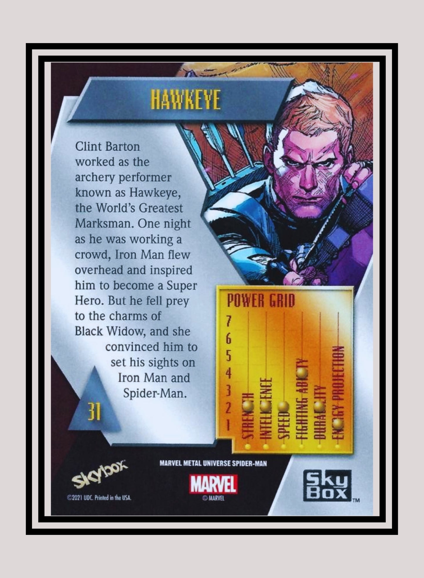 Marvel! 1x Hawkeye - Base Low Series (#031 - 2021 Upper Deck Spiderman Metal Universe)