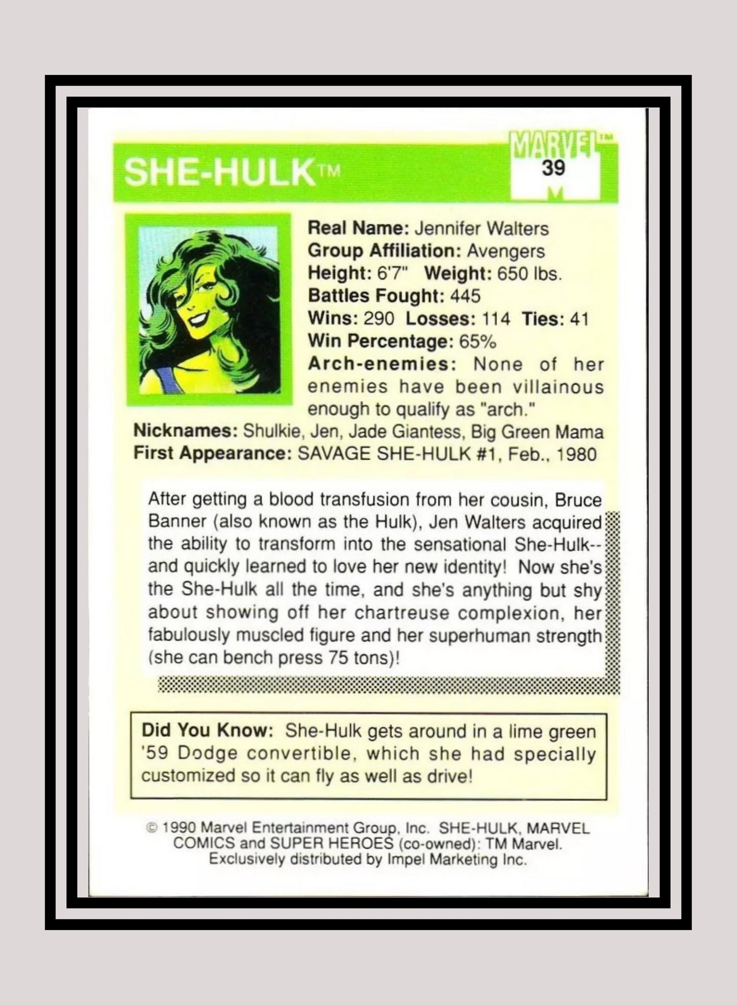 Marvel! 1x She-Hulk - Base (#039 - 1990 Impel Marvel Universe Series I)