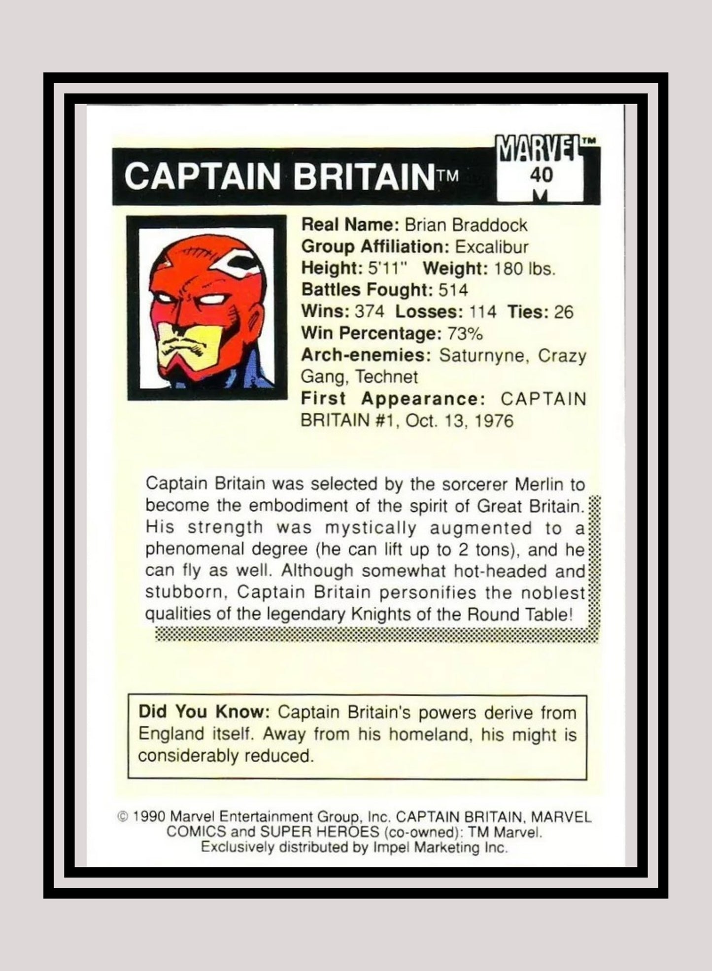 Marvel! 1x Captain Britain - Base (#040 - 1990 Impel Marvel Universe Series I)