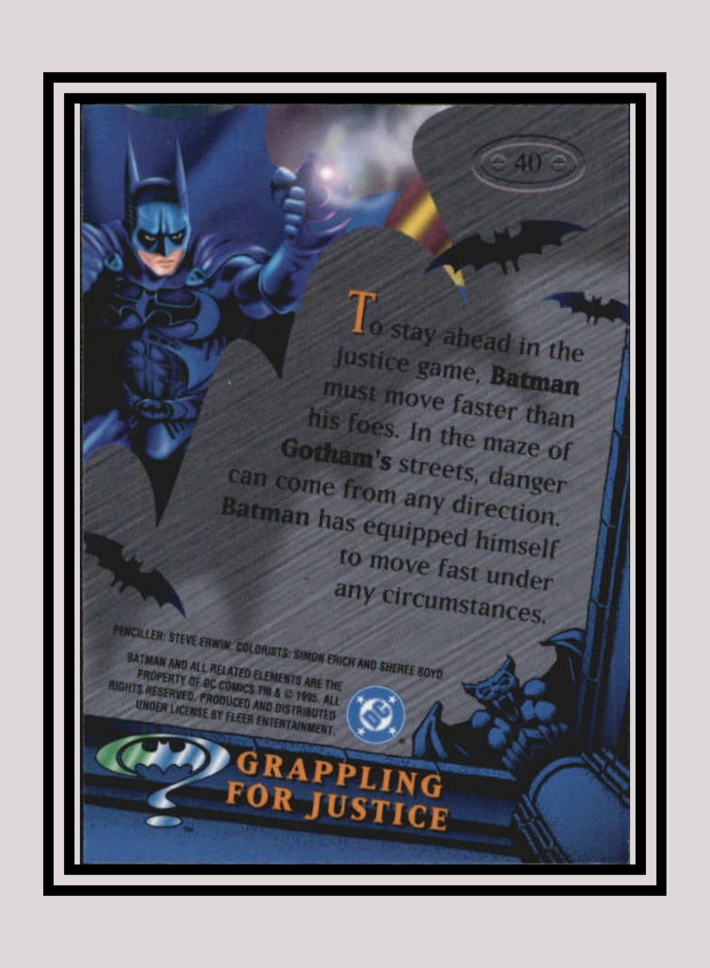 DC! 1x Grappling for Justice - Base Metal (#040 - 1995 Fleer Batman Forever Metal)