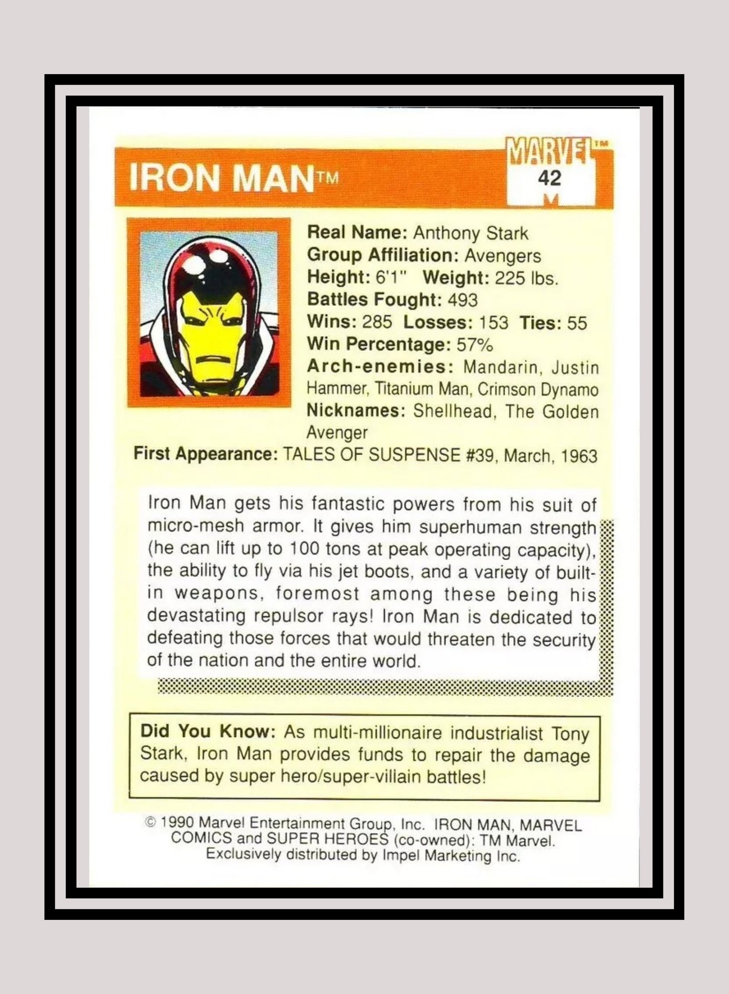 Marvel! 1x Iron Man - Base (#042 - 1990 Impel Marvel Universe Series I)