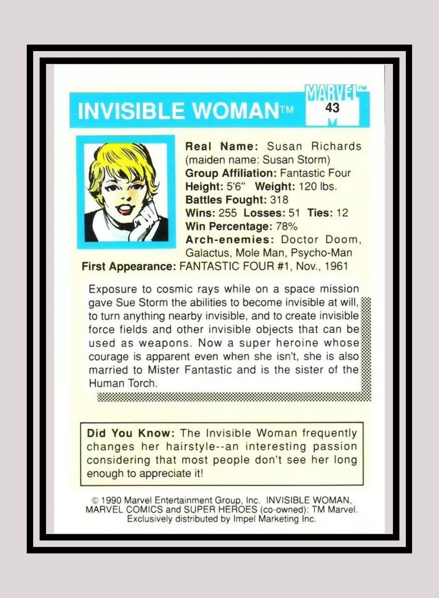 Marvel! 1x Invisible Woman - Base (#043 - 1990 Impel Marvel Universe Series I)