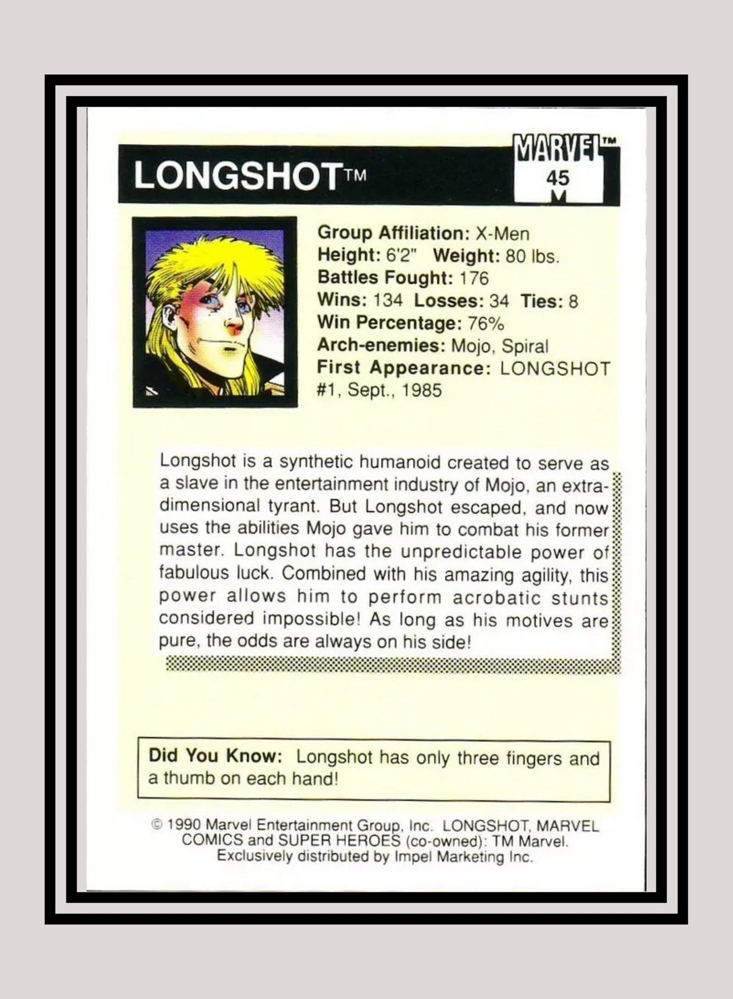 Marvel! 1x Longshot - Base (#045 - 1990 Impel Marvel Universe Series I)