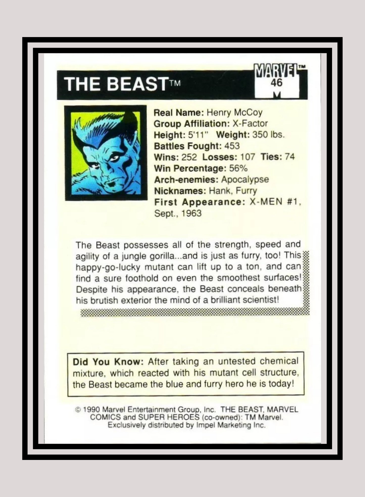 Marvel! 1x Beast - Base (#046 - 1990 Impel Marvel Universe Series I)