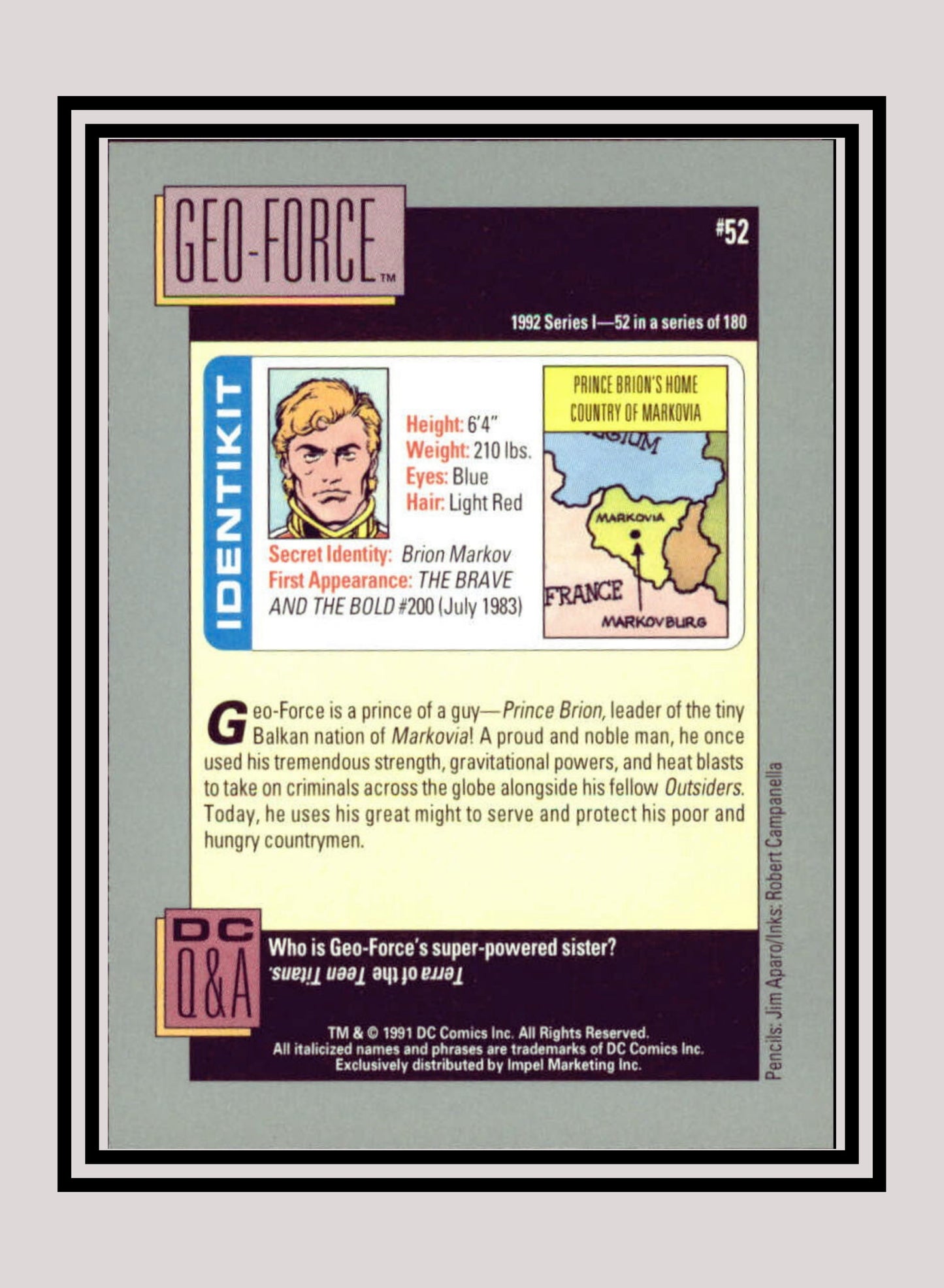 DC! 1x Geo-Force - Base (#052 - 1991 Impel DC Cosmic Cards)