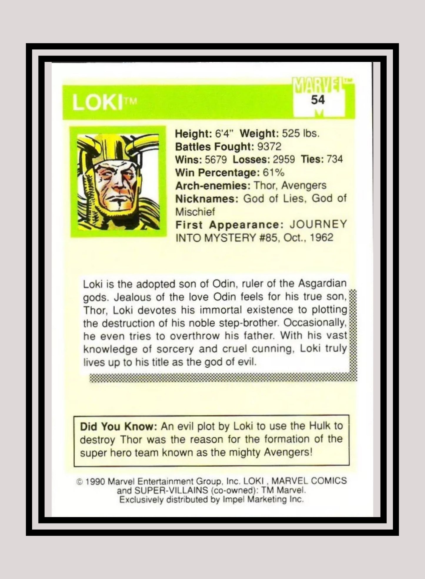 Marvel! 1x Loki - Base (#054 - 1990 Impel Marvel Universe Series I)