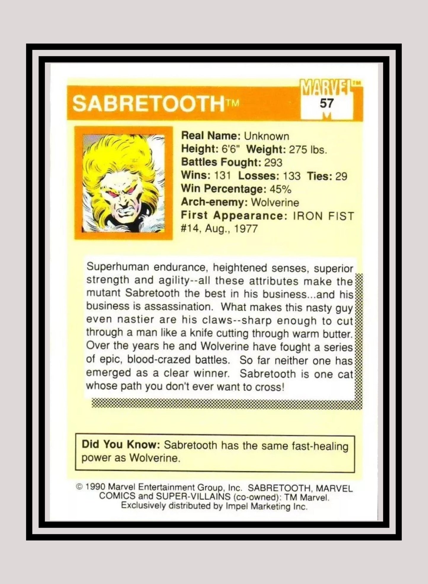 Marvel! 1x Sabretooth - Base (#057 - 1990 Impel Marvel Universe Series I)