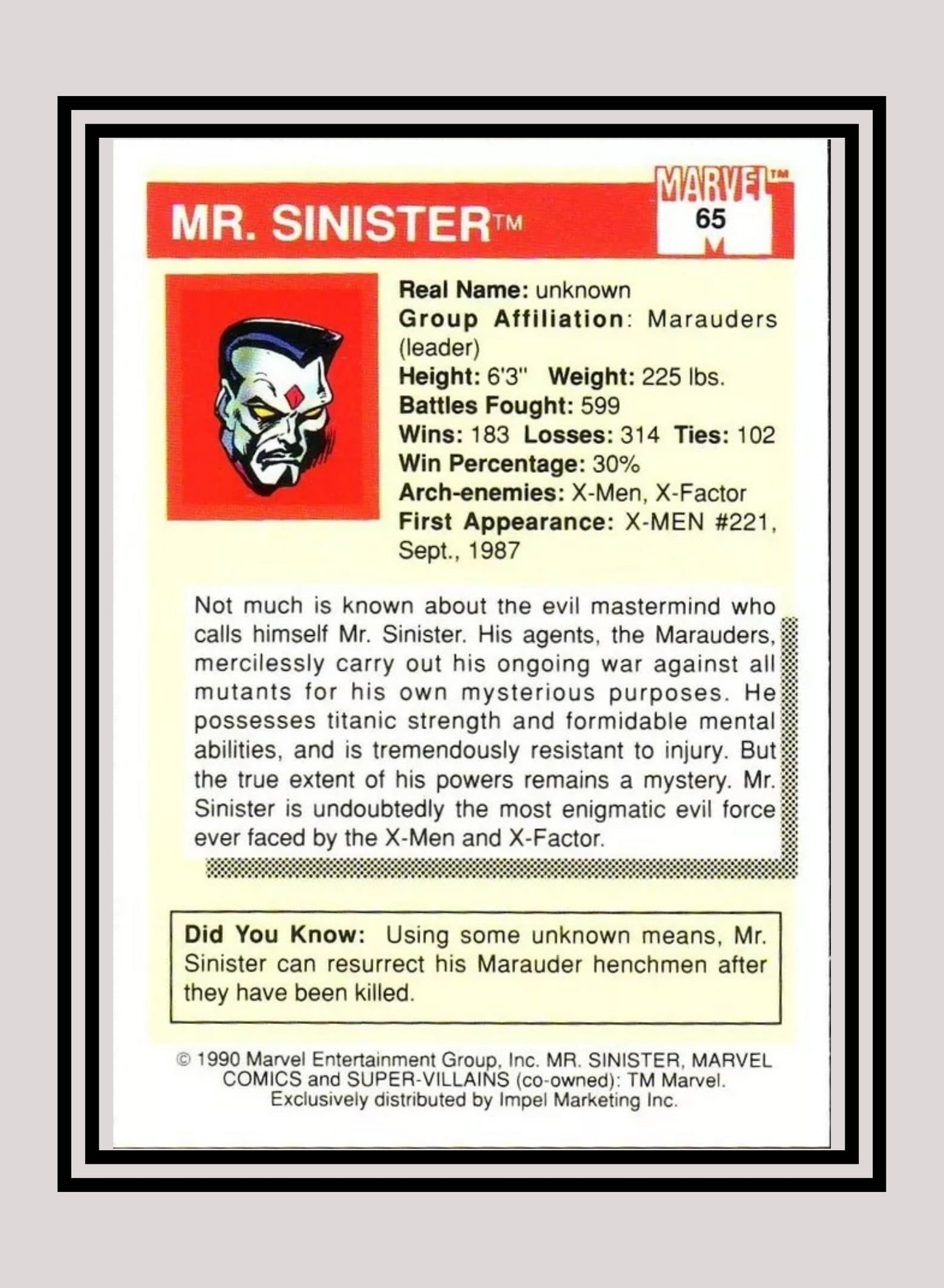 Marvel! 1x Mister Sinister - Base (#065 - 1990 Impel Marvel Universe Series I)