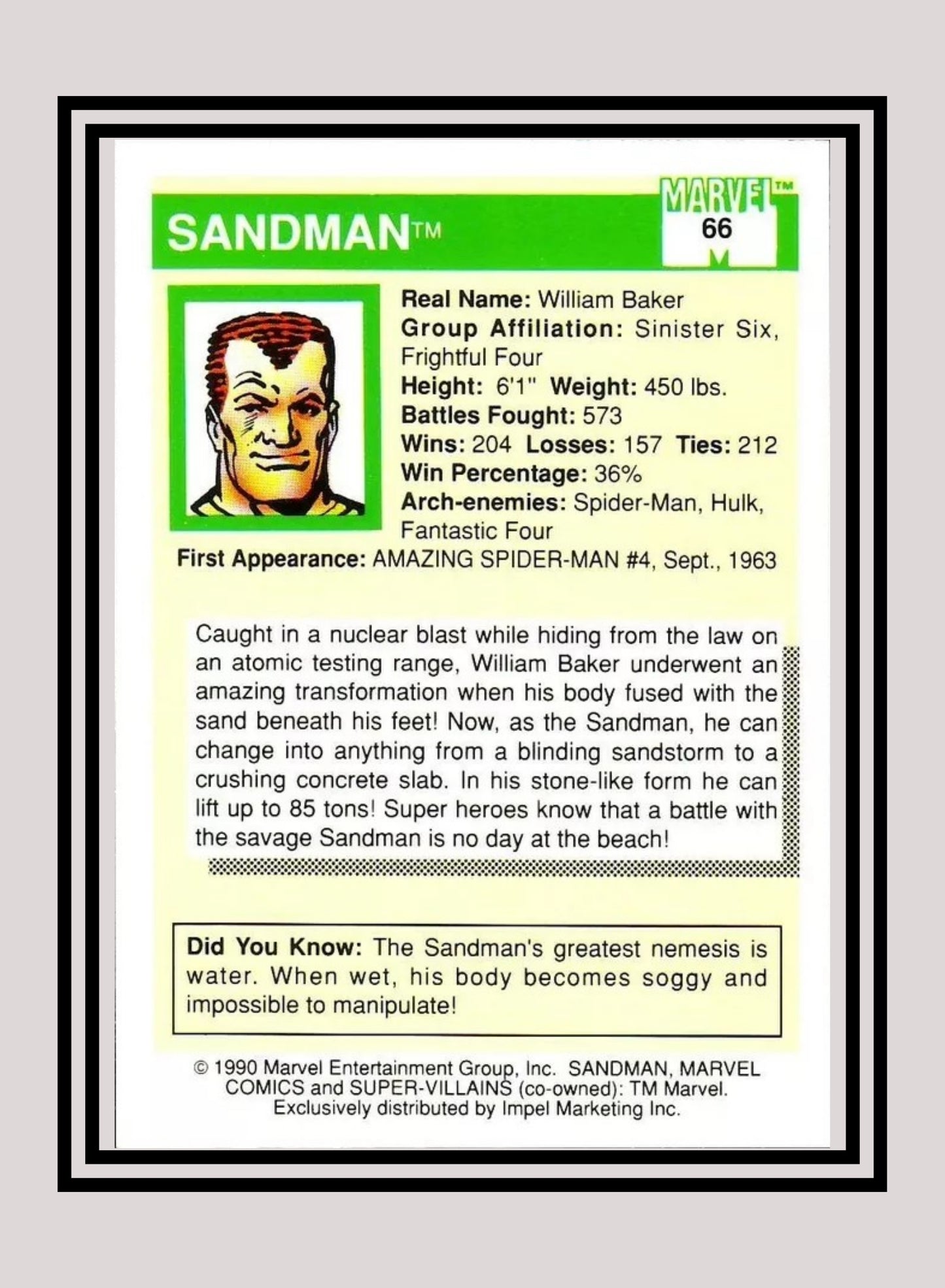 Marvel! 1x Sandman - Base (#066 - 1990 Impel Marvel Universe Series I)