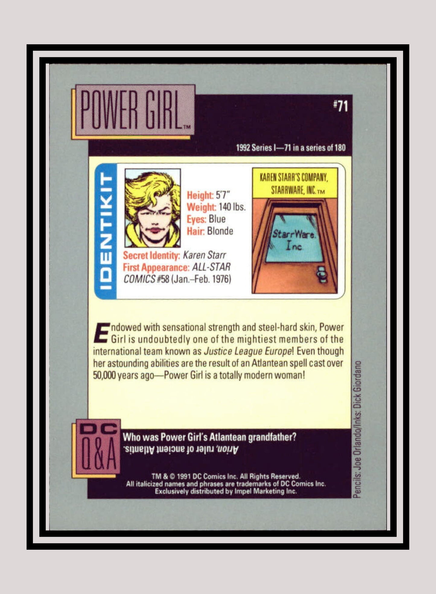 DC! 1x Power Girl - Base (#071 - 1991 Impel DC Cosmic Cards)