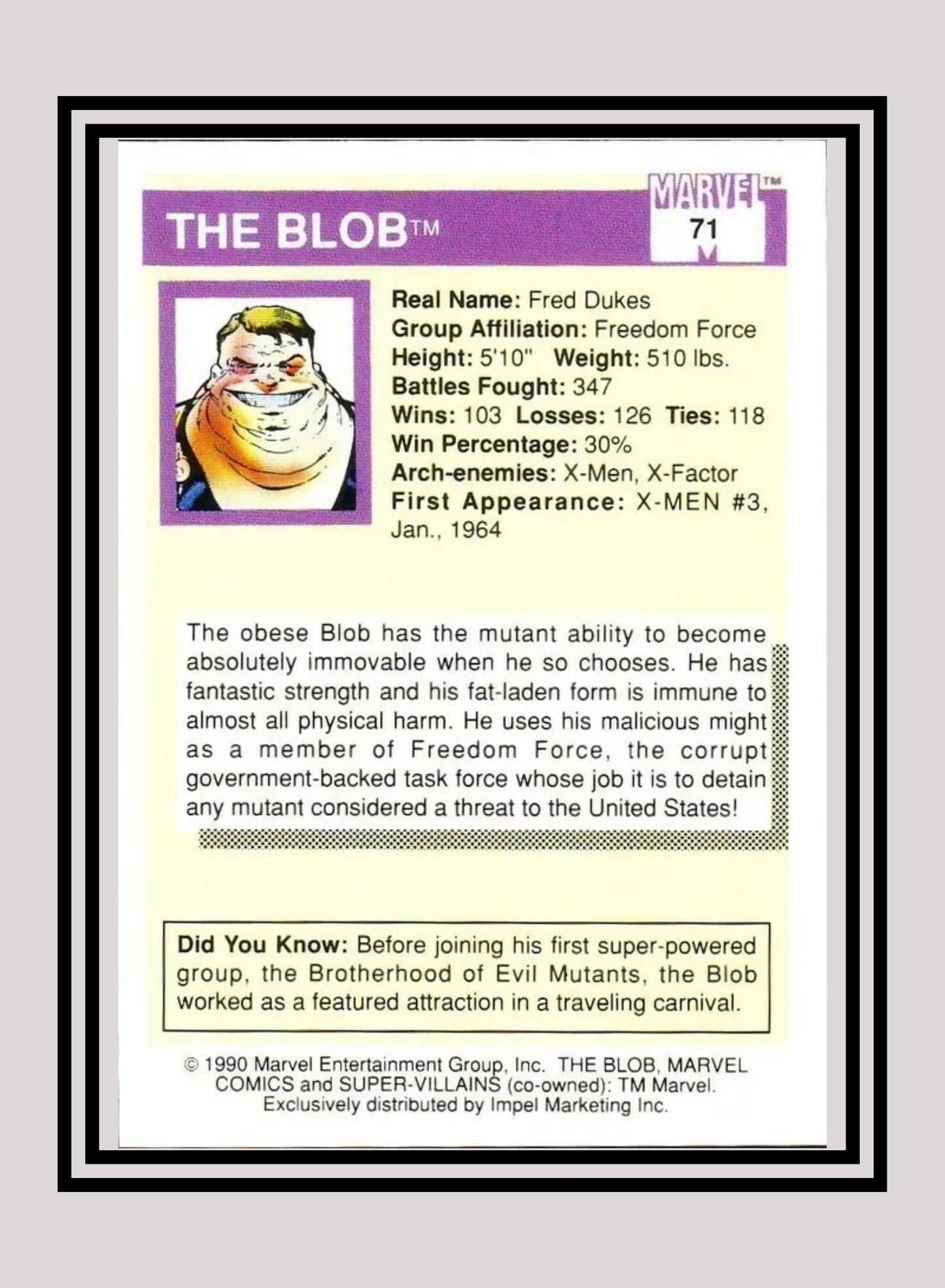 Marvel! 1x Blob - Base (#071 - 1990 Impel Marvel Universe Series I)